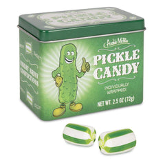 Archie McPhee Pickle Candy in Tin featuring an illustrated tin, a quirky collectible snack for novelty gifts.