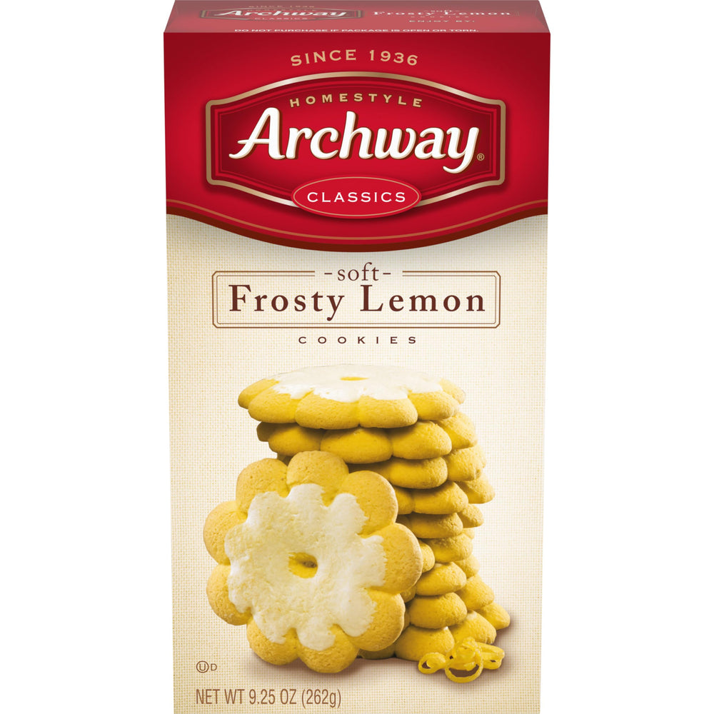 Archway soft frosty lemon cookie close-up with icing, ideal with tea.