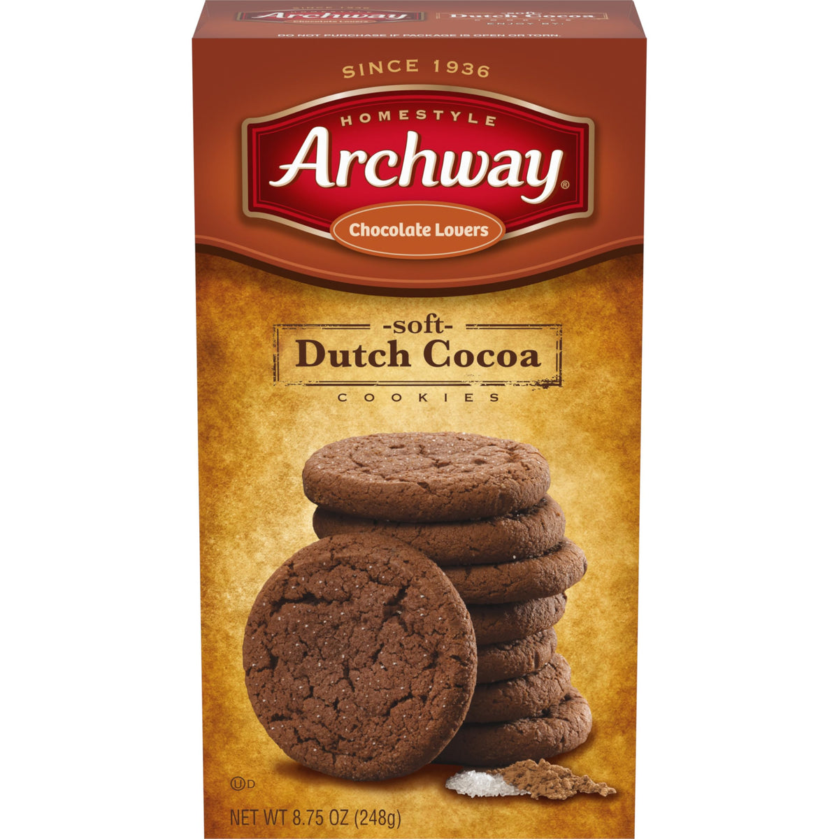 Archway Dutch Cocoa Cookies soft 8-75 oz box showing rich chocolate and tender bite