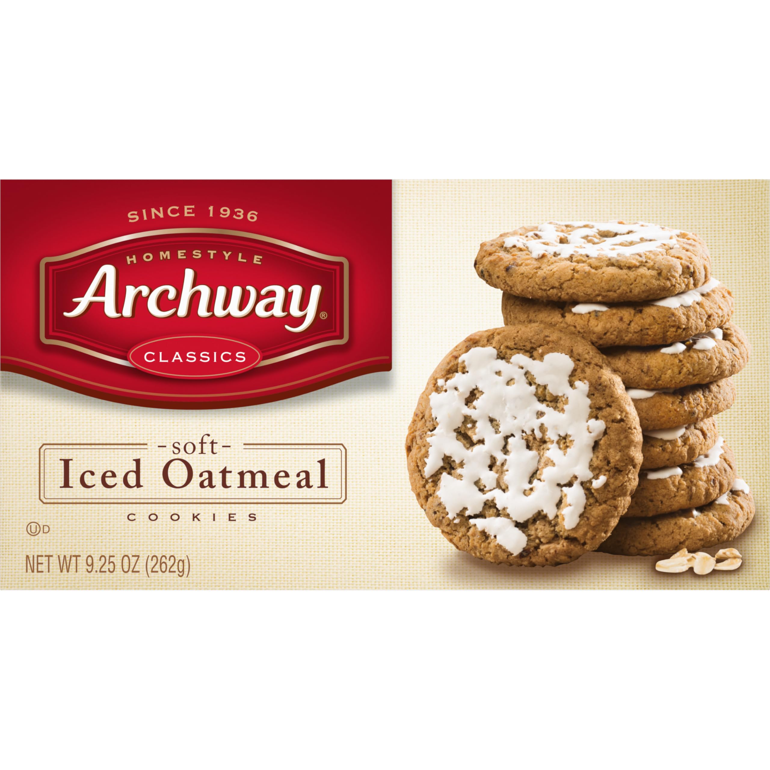 Archway Oatmeal Cookie texture close-up with light icing.