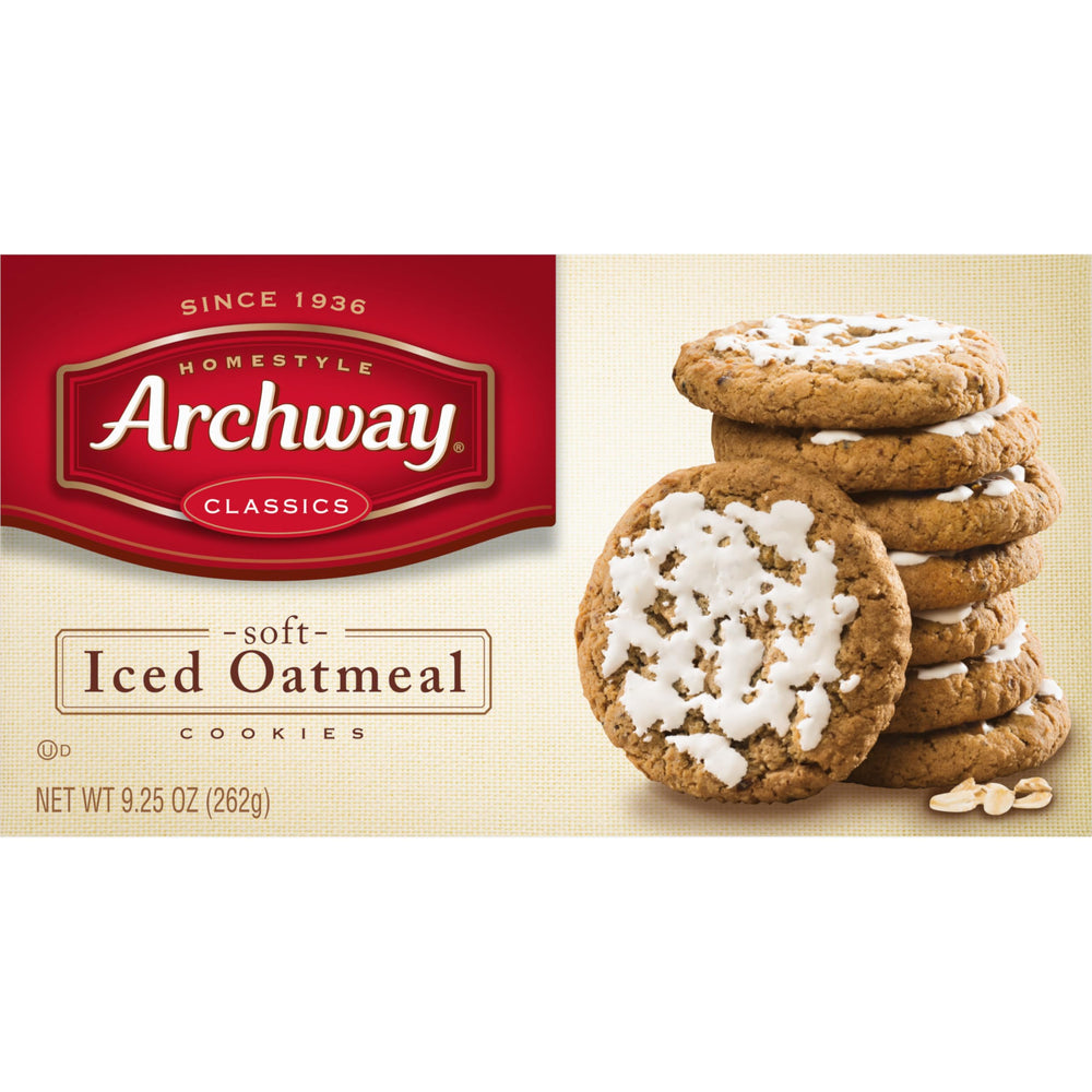 Archway Oatmeal Cookie texture close-up with light icing.
