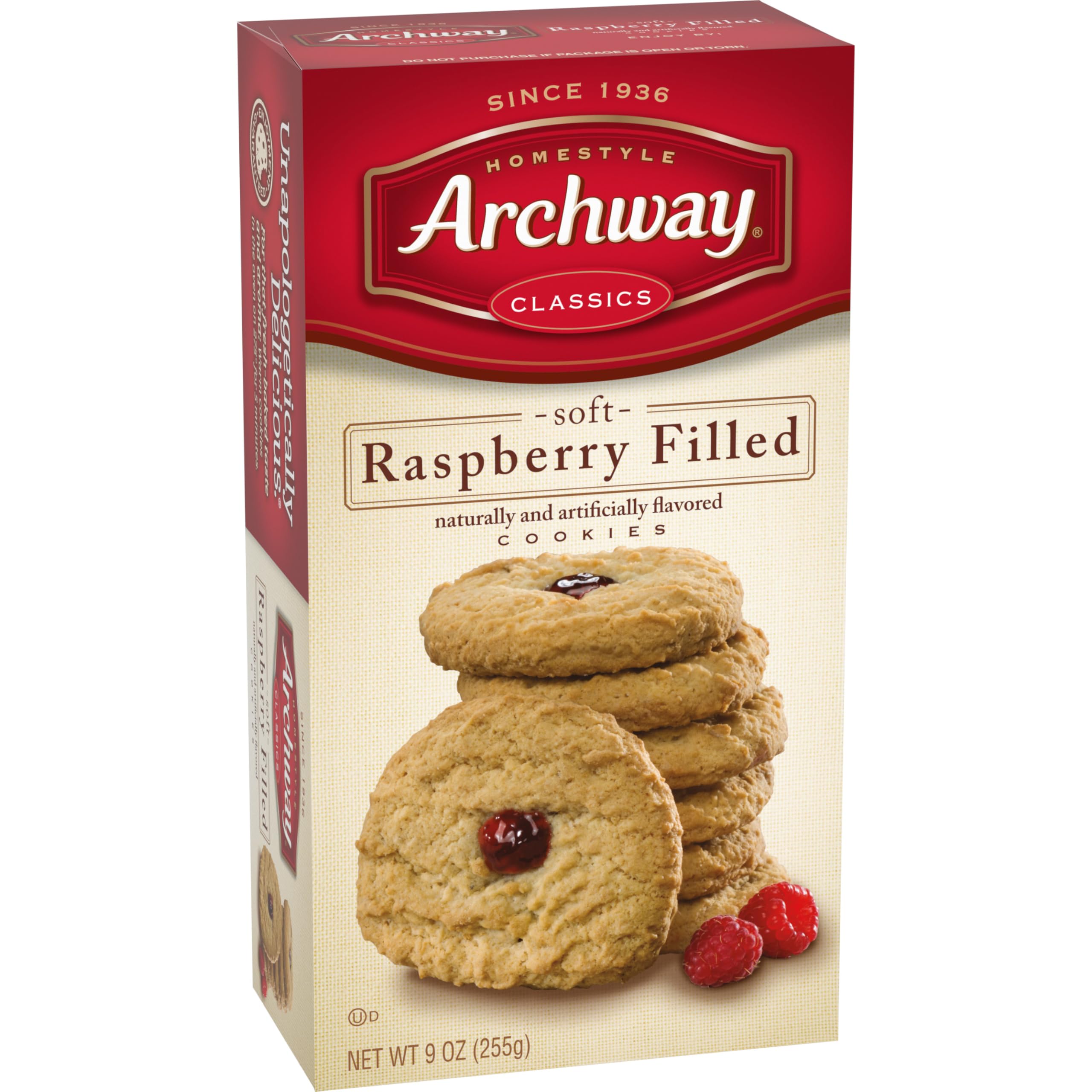 Archway Raspberry Filled Cookies labeled 90 calories per cookie