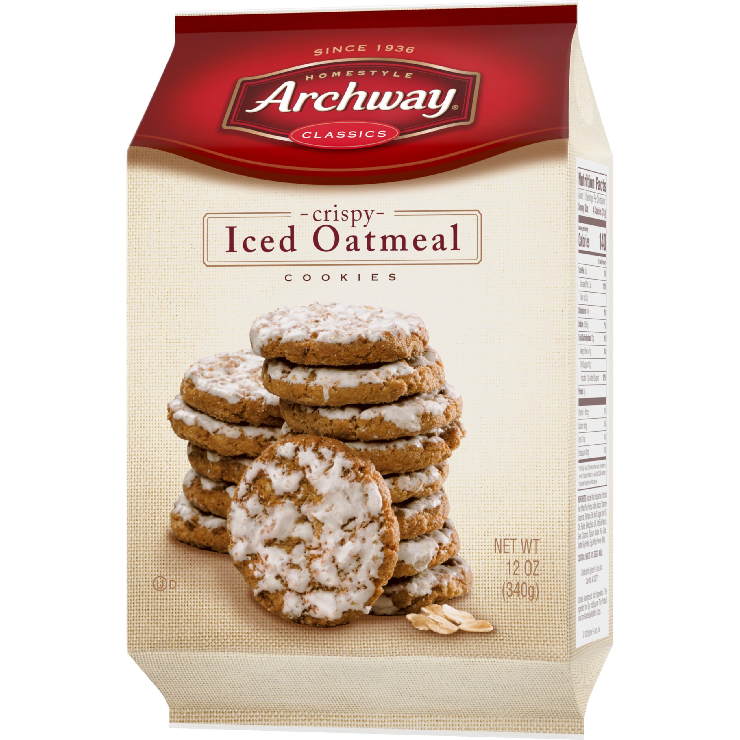 Archway vanilla icing drizzle on oat cookie soft center and crisp edge.
