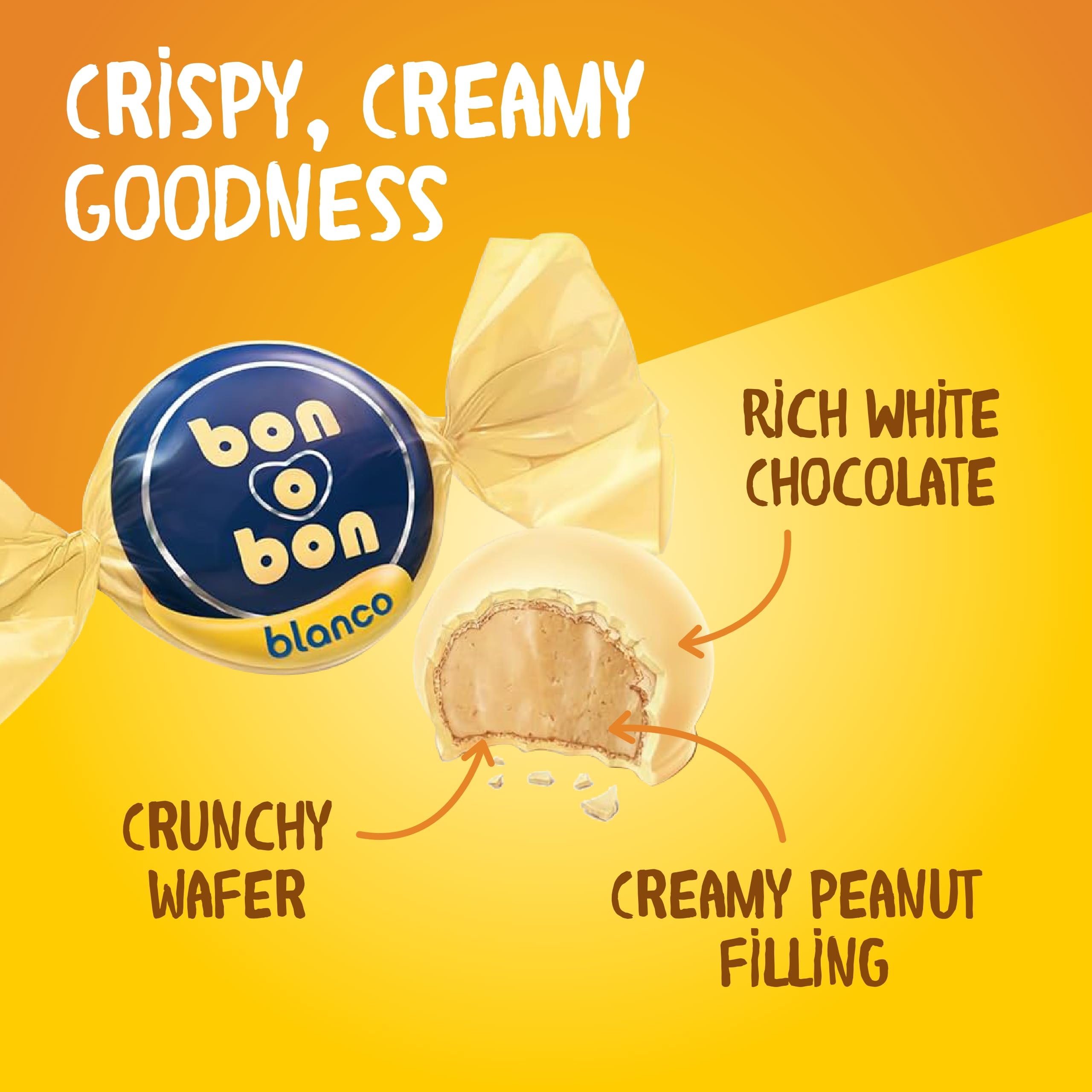 Arcor Bon o Bon White crisp wafer adds delicate crunch between chocolate and cream.