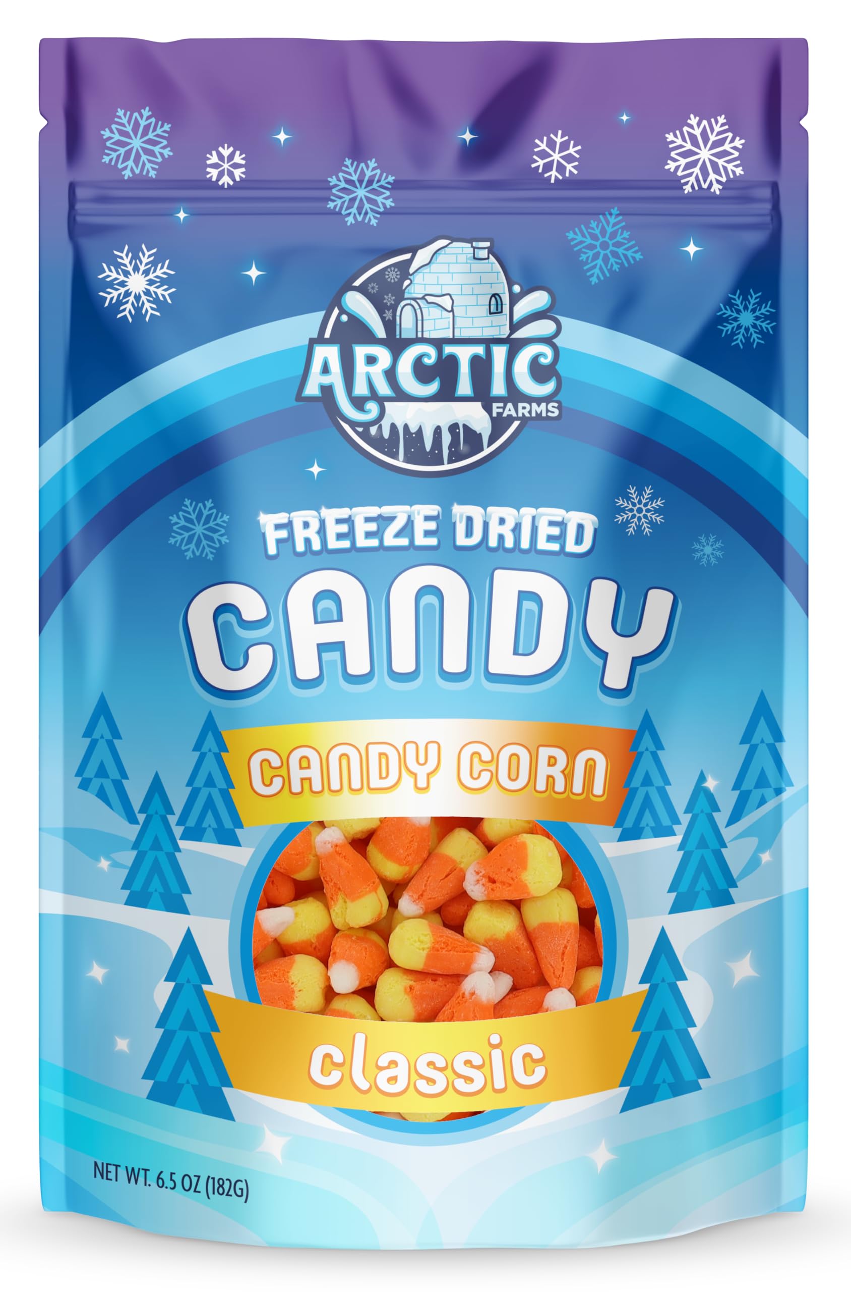 Arctic Farms Freeze Dried Candy Corn packaging scene highlights sturdy shipping protection.