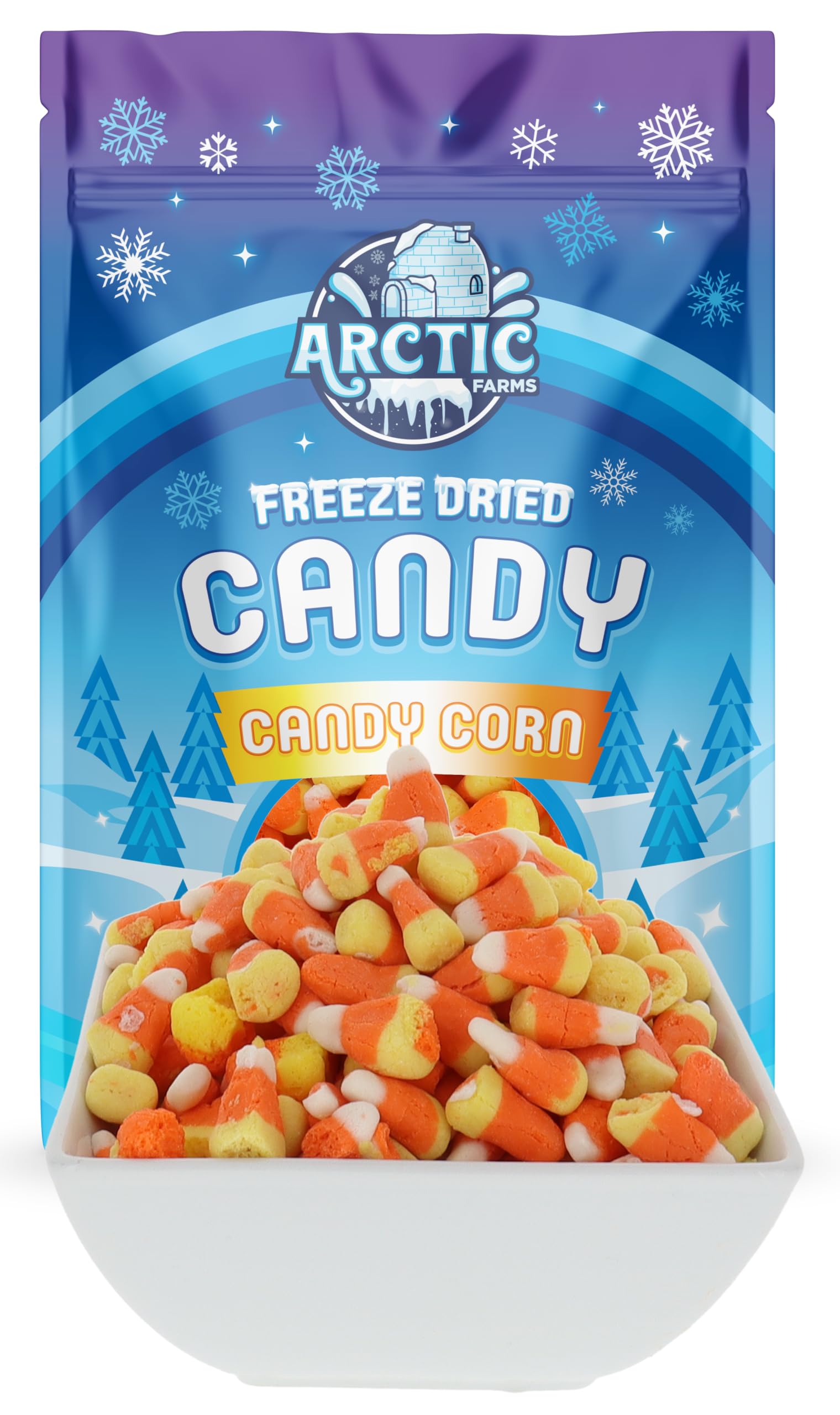 Arctic Farms Freeze Dried Candy Corn single piece closeup shows crunchy texture.