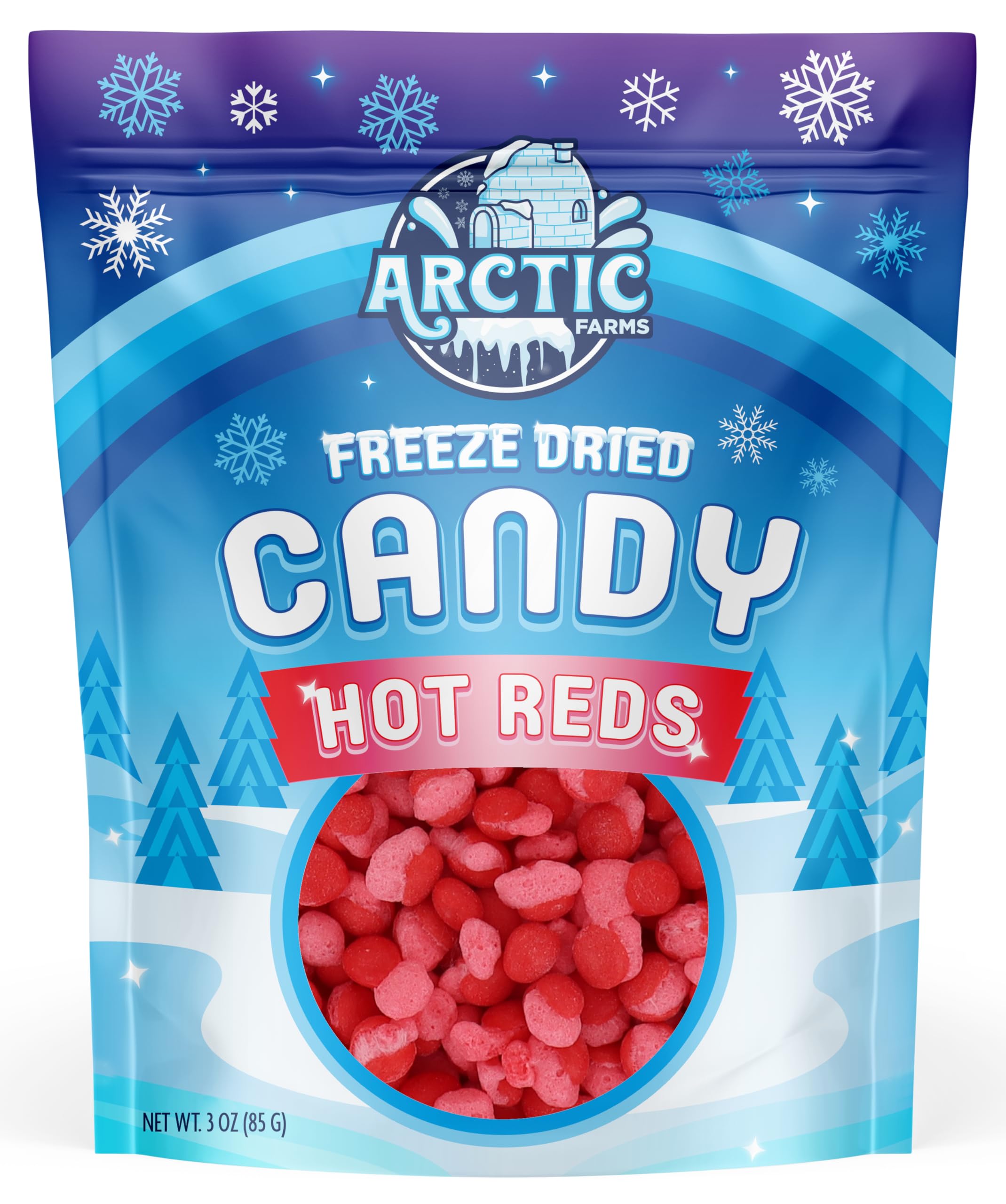 Arctic Farms freeze dried hot reds cinnamon candies close-up showing crisp texture and bold flavor.