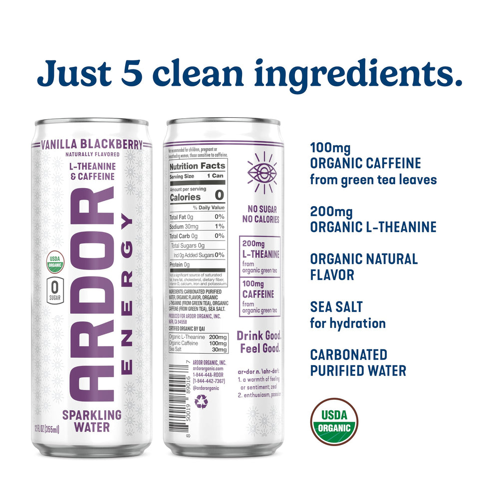 ARDOR Energy label closeup shows clean ingredients for health-conscious sippers.