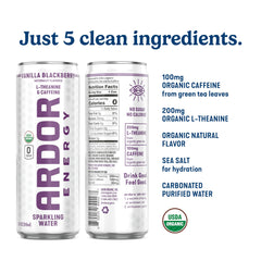 ARDOR Energy label closeup shows clean ingredients for health-conscious sippers.