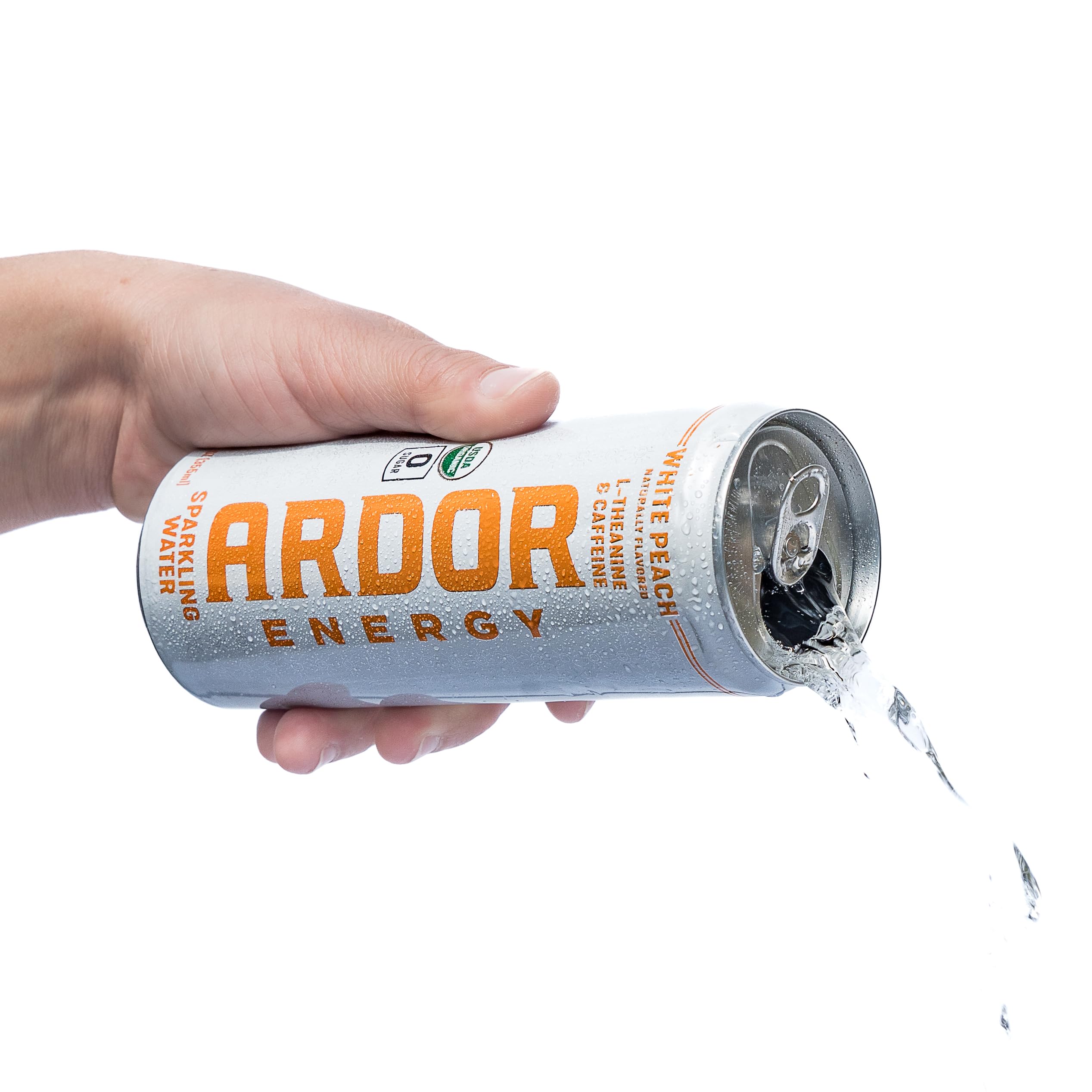 ARDOR ENERGY Organic green tea ingredients label highlighted for natural caffeine.