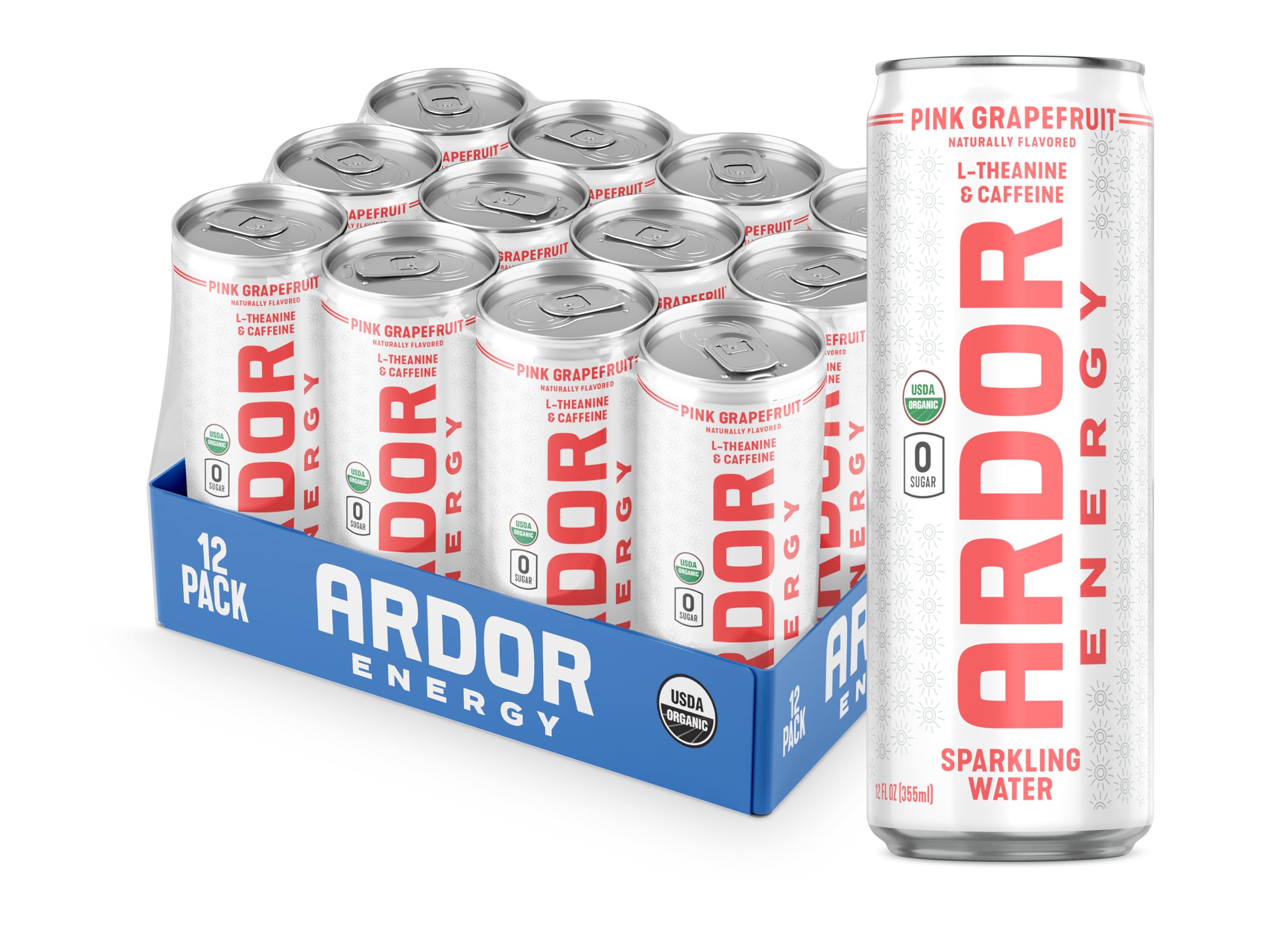 ARDOR Energy pink grapefruit can displaying natural caffeine and L-Theanine for smooth focus