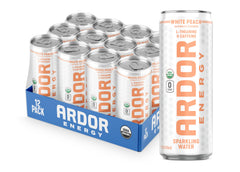 ARDOR ENERGY White Peach can front view showing a sugar-free energy boost.