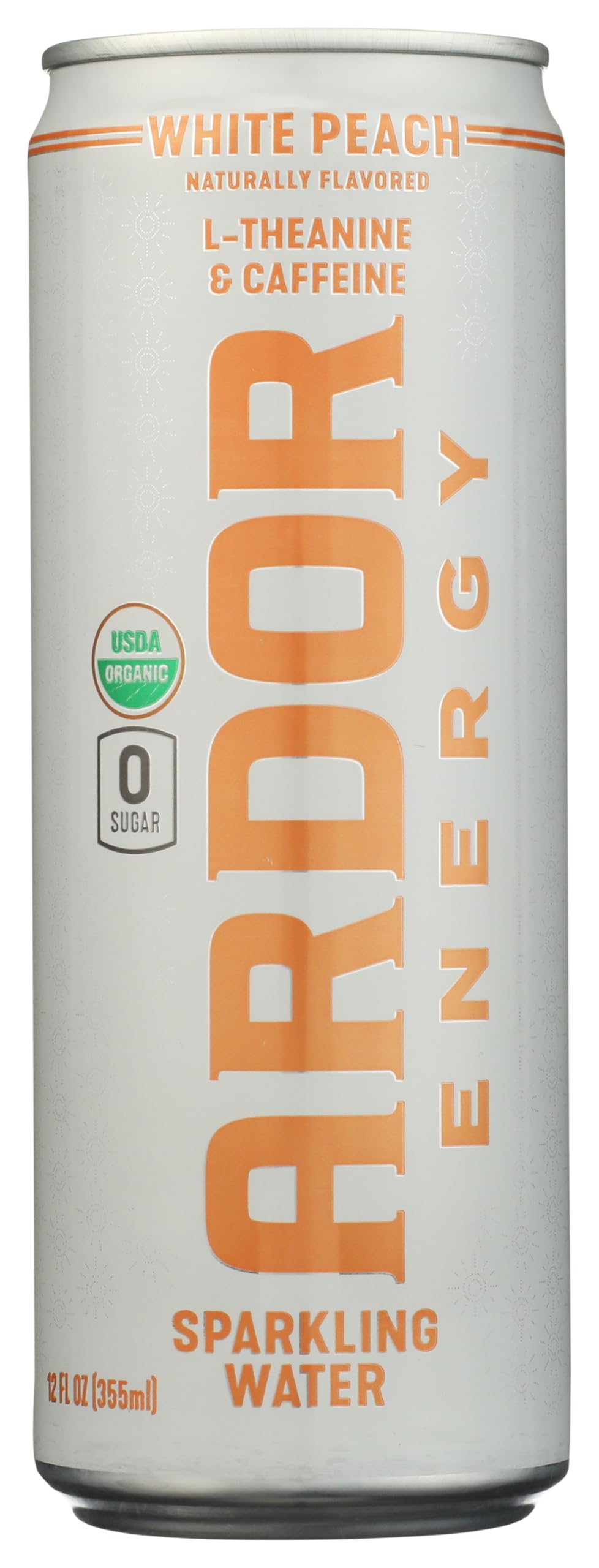 ARDOR water sparkling energy white peach bottle ready for a busy day