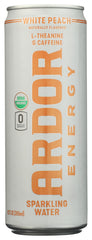 ARDOR water sparkling energy white peach bottle ready for a busy day