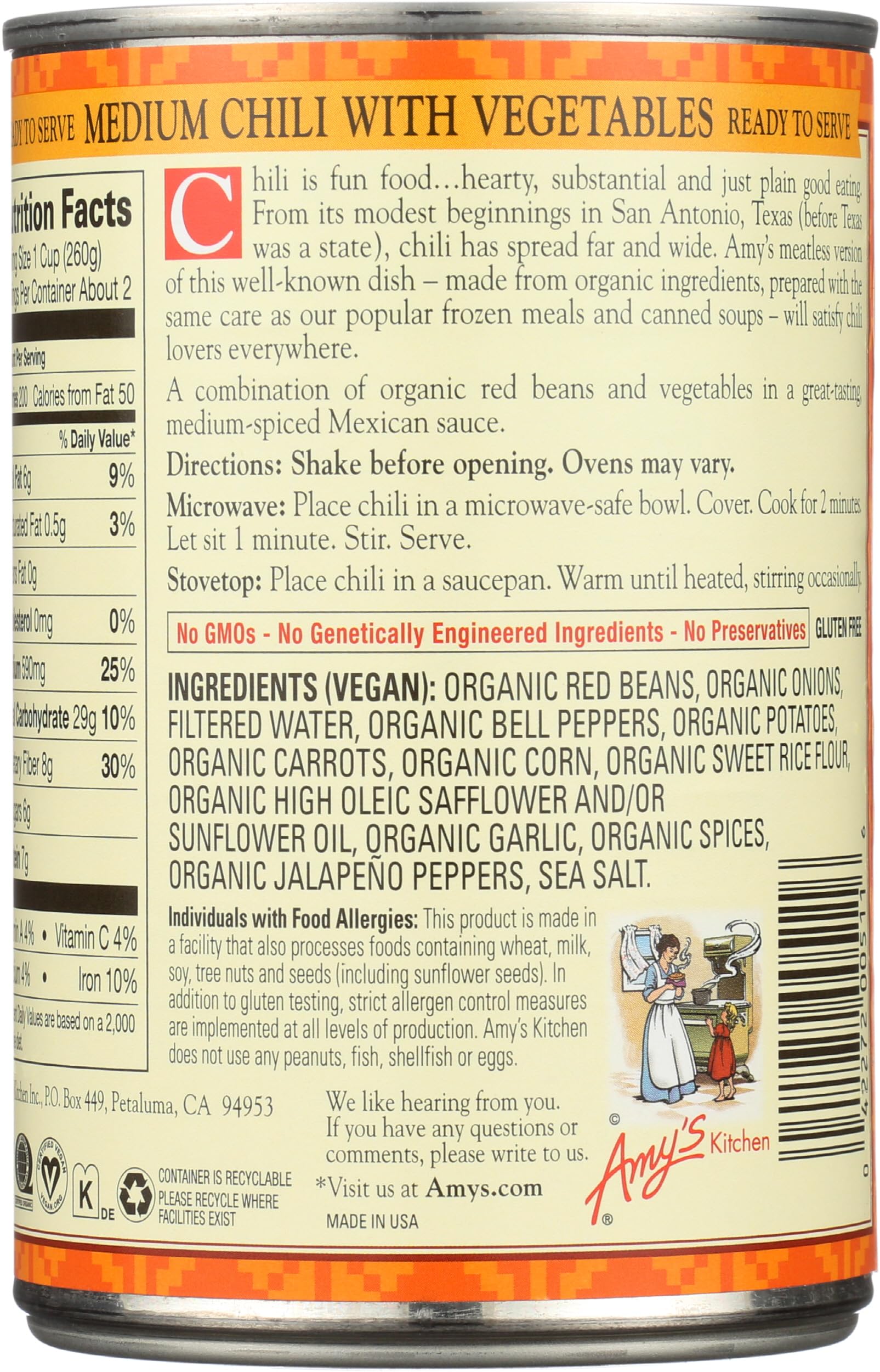 Arisan Amy's Organic Chili with Vegetables open-can reveals savory mix for weeknight dinners.