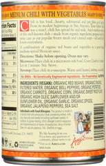 Arisan Amy's Organic Chili with Vegetables open-can reveals savory mix for weeknight dinners.