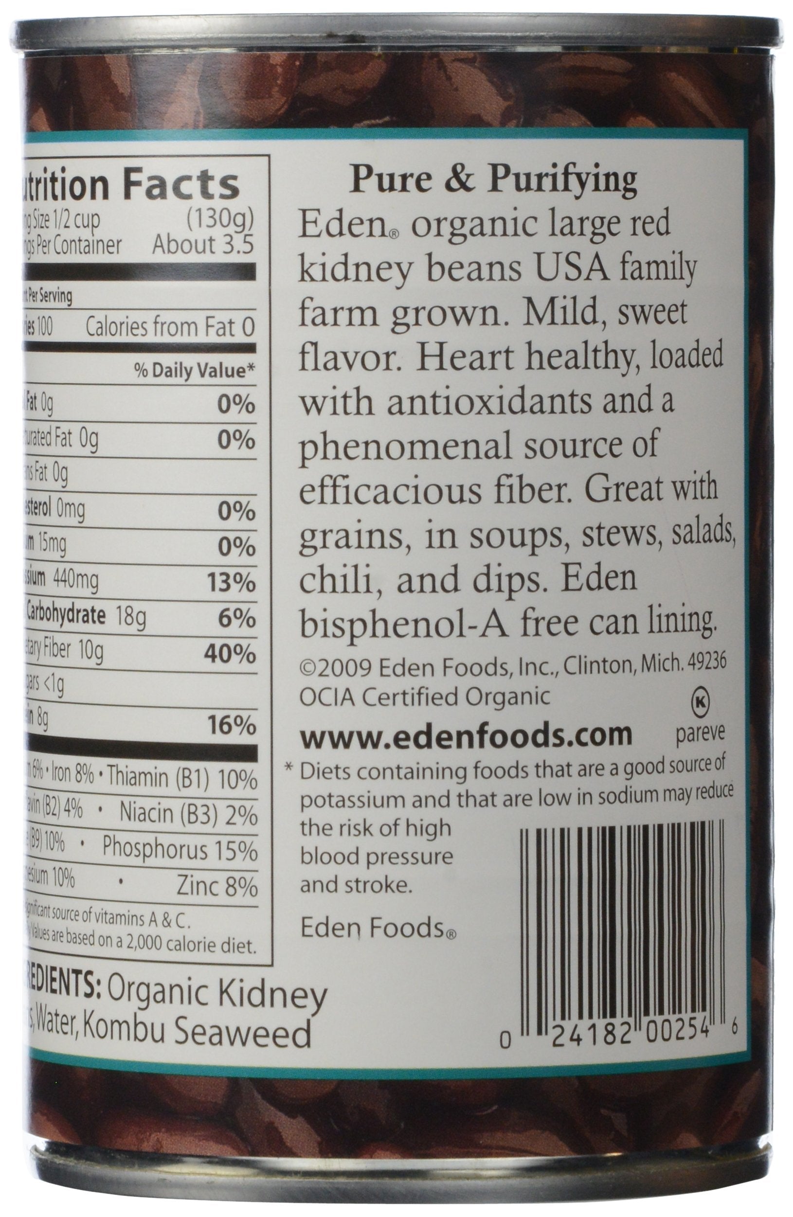 Arisan Eden Organic Kidney Beans back nutrition panel, gluten-free and versatile pantry staple.