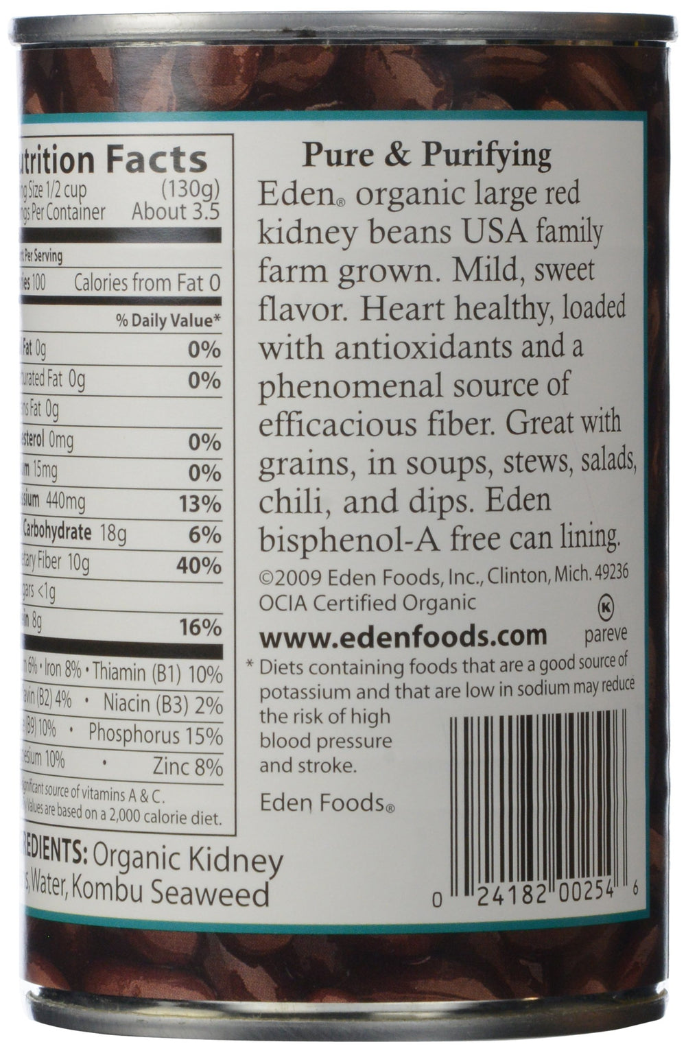 Arisan Eden Organic Kidney Beans back nutrition panel, gluten-free and versatile pantry staple.