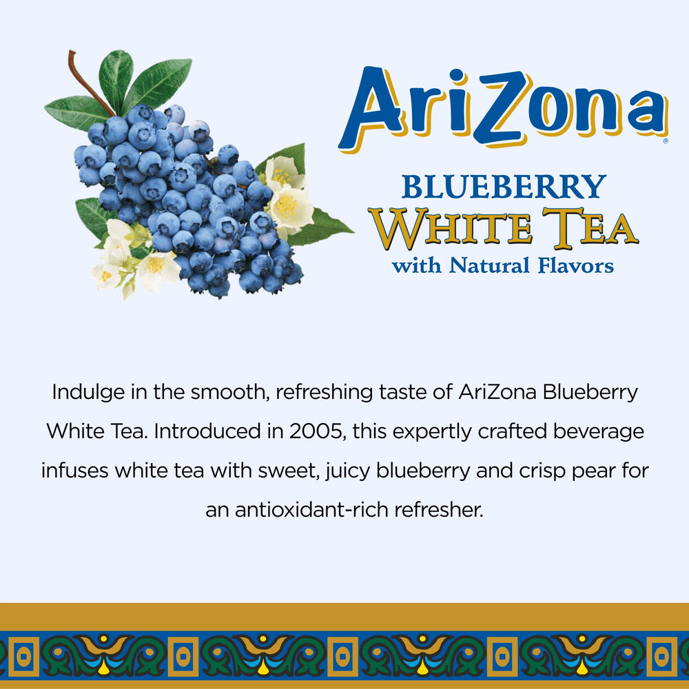 AriZona Blueberry White Tea nutrition panel notes vitamins A, C, E and selenium.