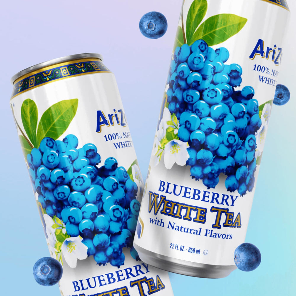 AriZona Blueberry White Tea being poured, highlighting vibrant color.