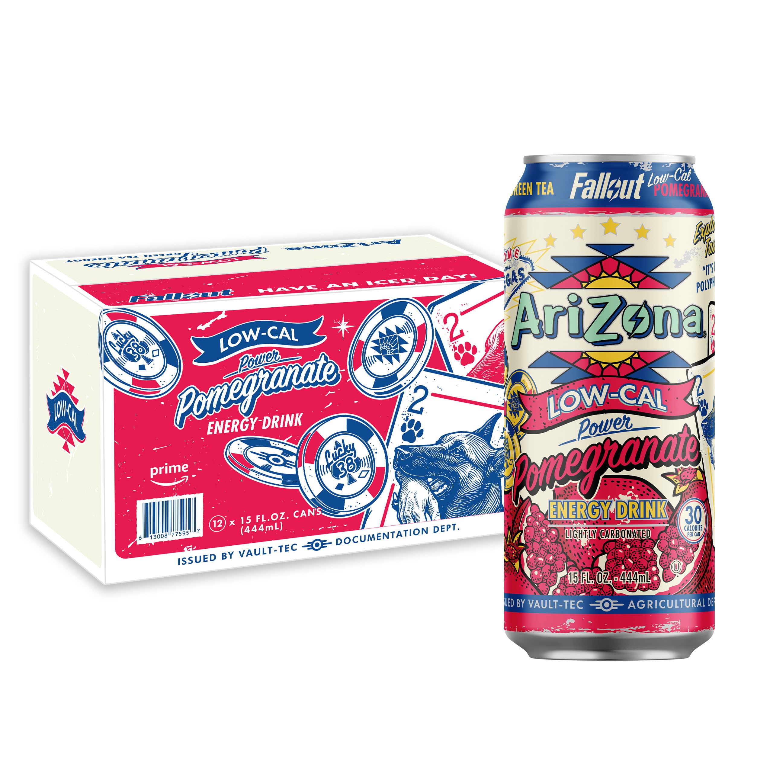 Arizona AriZona Fallout low calorie can shows a bold pomegranate-green tea blend for a refreshing lift.