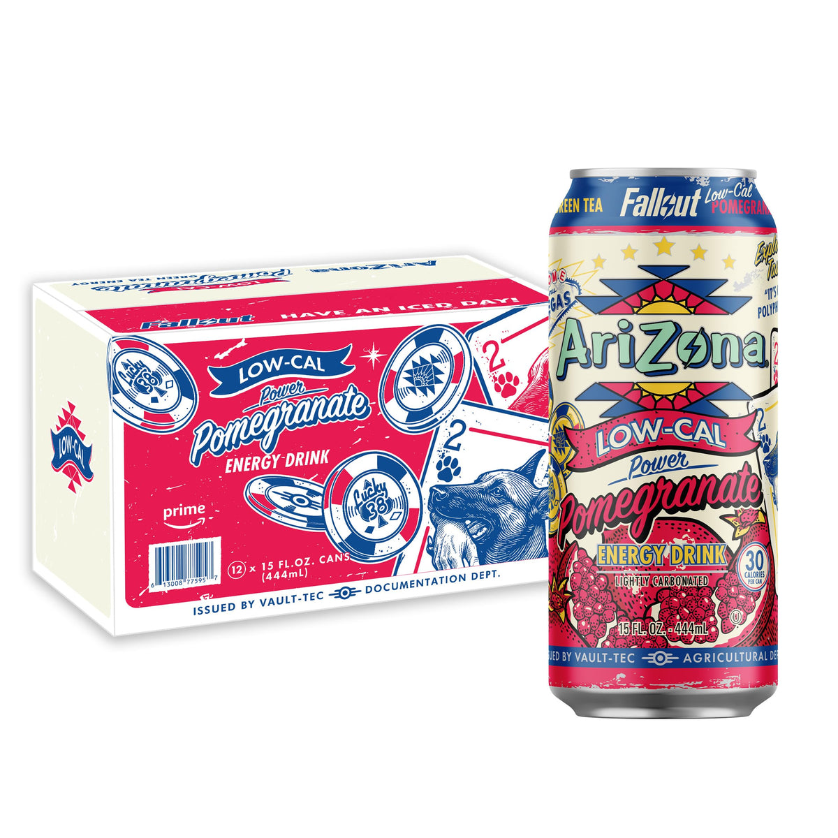 Arizona AriZona Fallout low calorie can shows a bold pomegranate-green tea blend for a refreshing lift.