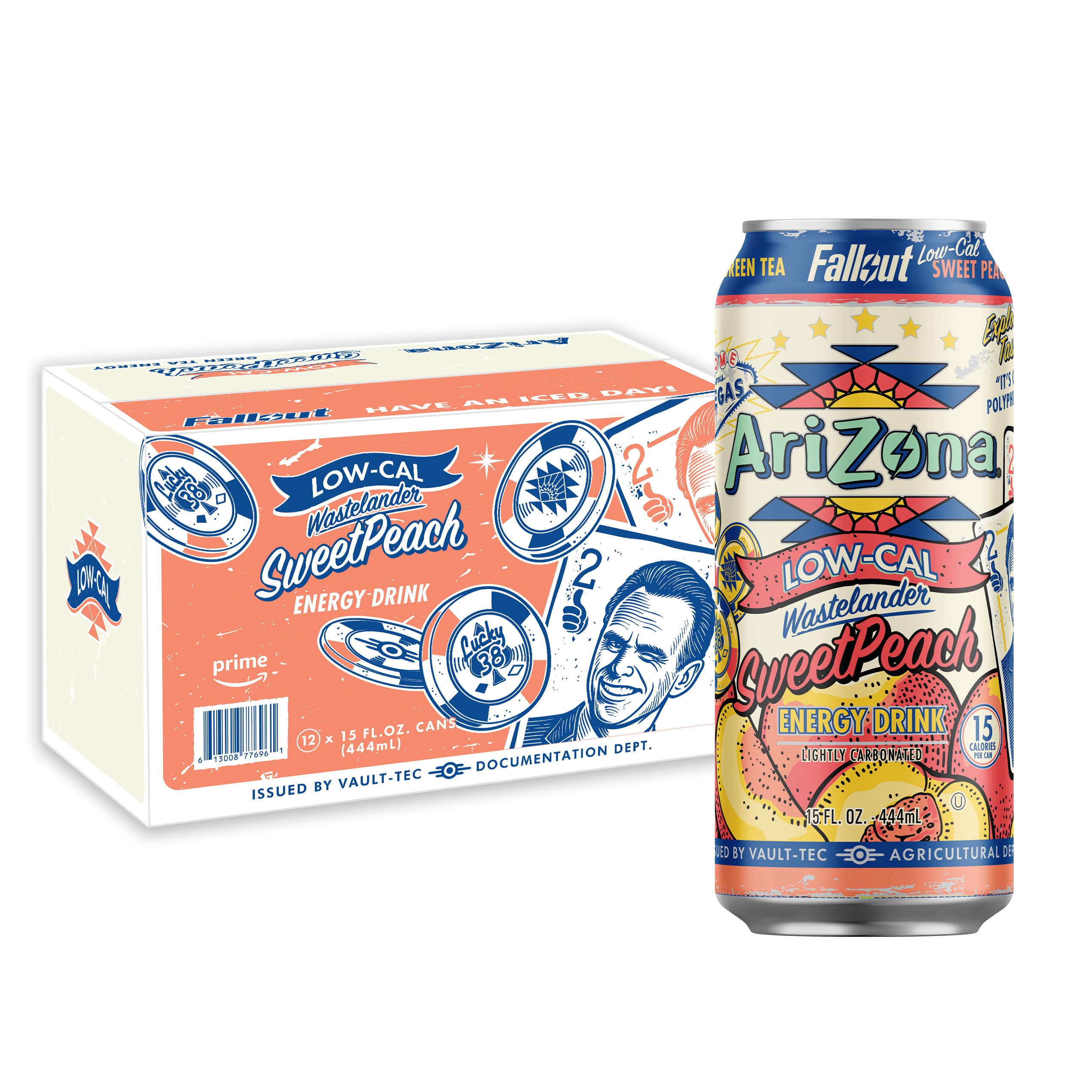 Arizona Fallout low-calorie peach green tea can with 190 mg caffeine