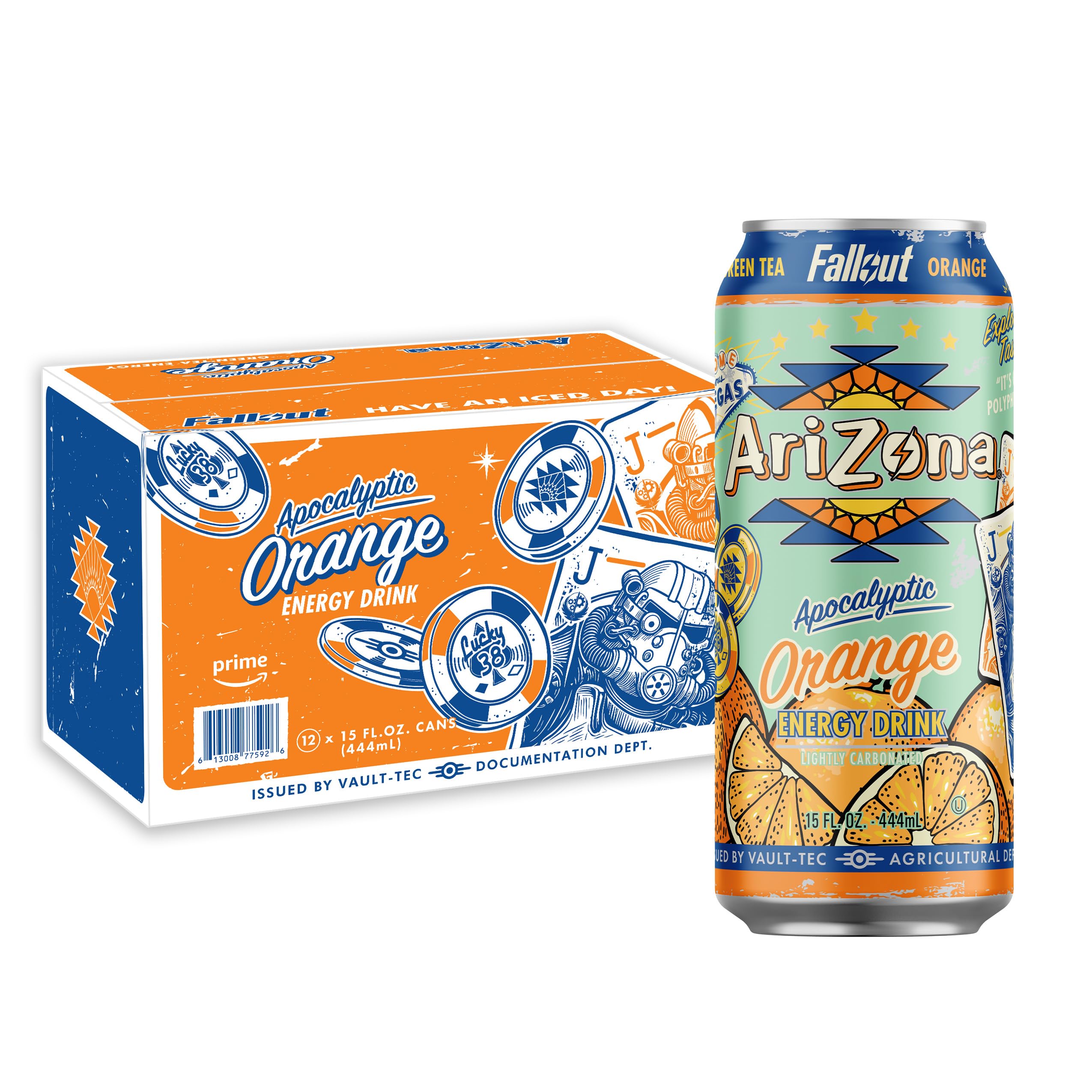 Arizona Fallout can front with bold label and 190 mg caffeine for energy
