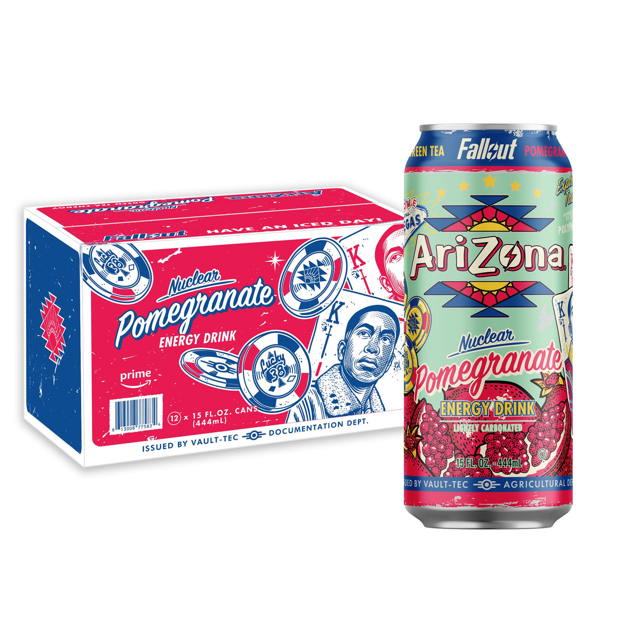 AriZona Fallout Pomegranate Green Tea Energy Drink can, front view, caffeine boost for busy days.