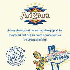 Label design featuring peach and green tea energy branding for AriZona Fallout