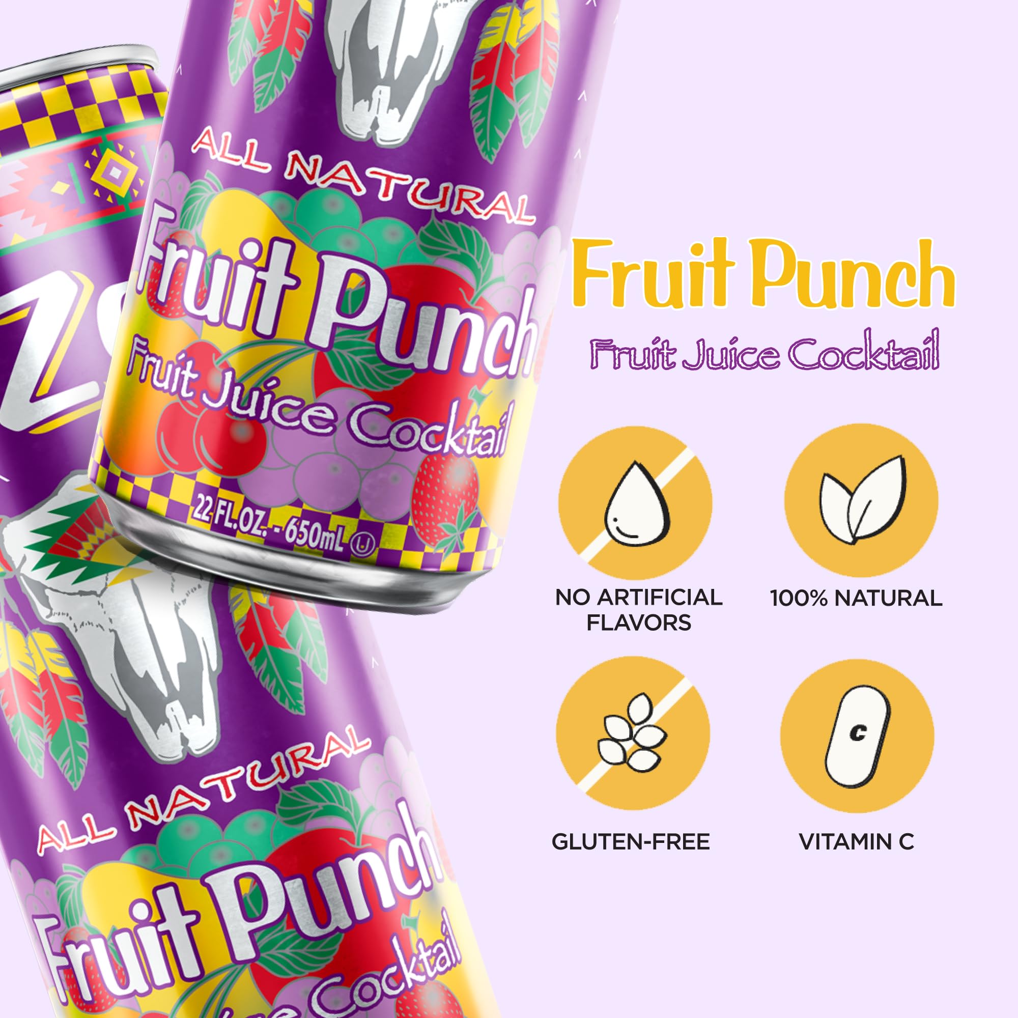 Close-up of Arizona Fruit Punch label highlighting 100% natural ingredients and Vitamin C