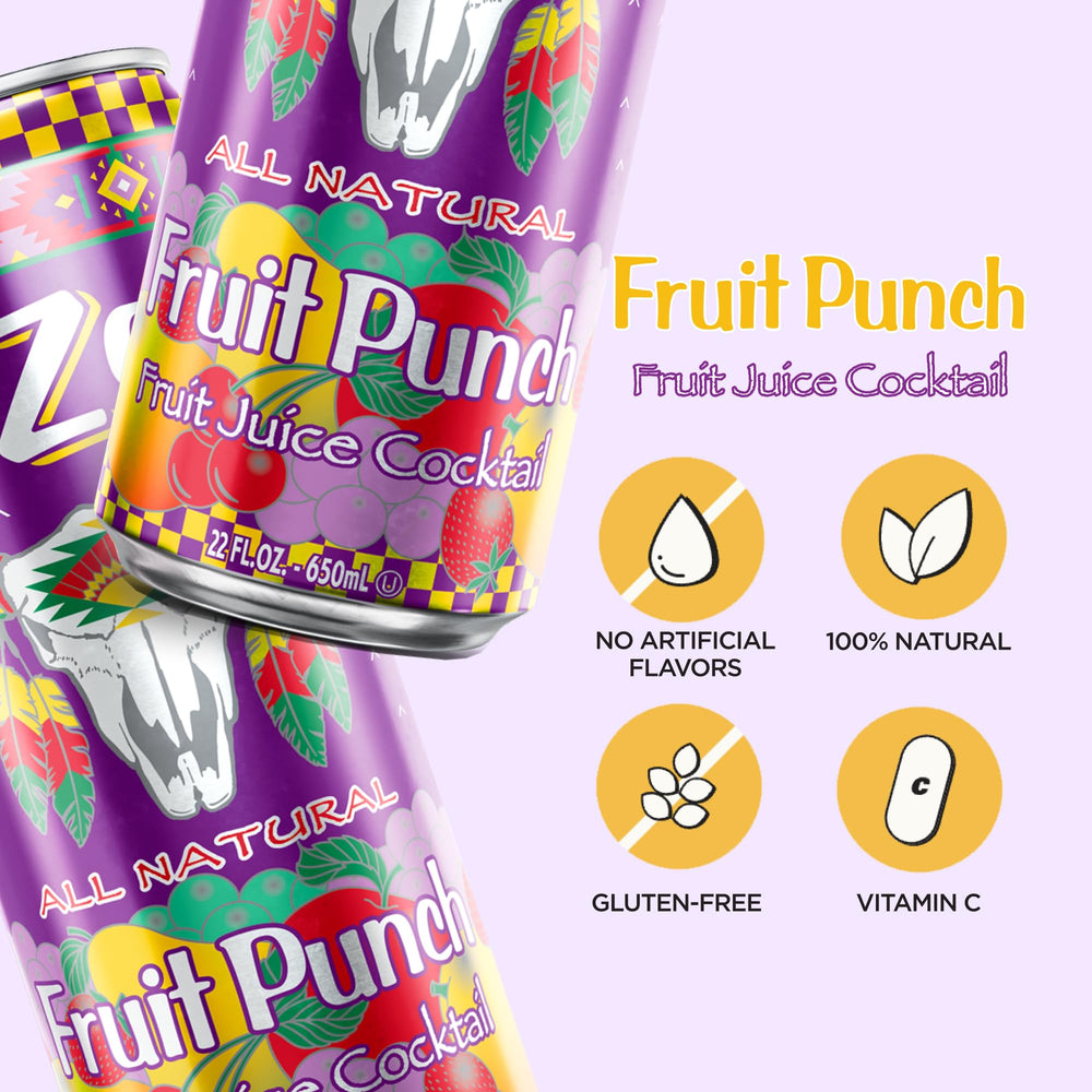 Close-up of Arizona Fruit Punch label highlighting 100% natural ingredients and Vitamin C