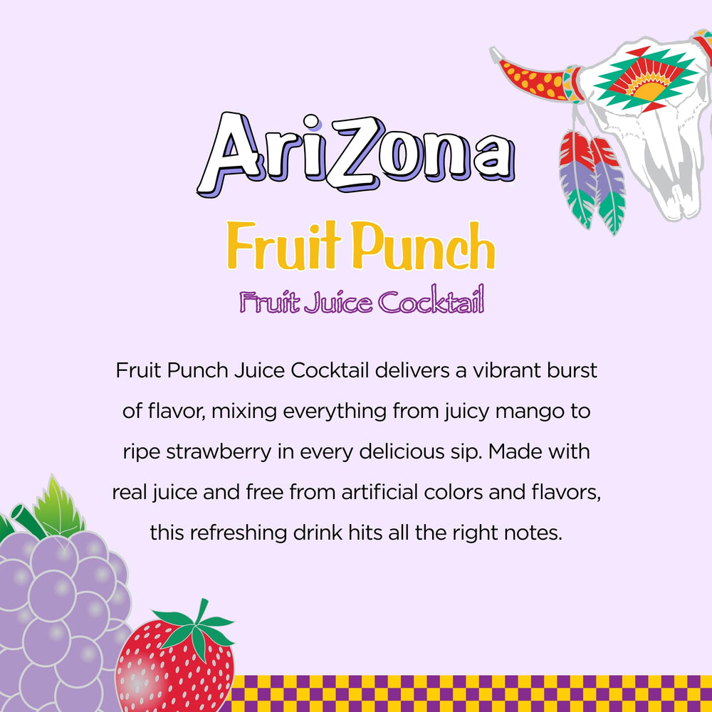 Back of AriZona Fruit Punch Tetra Box highlighting flavor notes and no artificial colors