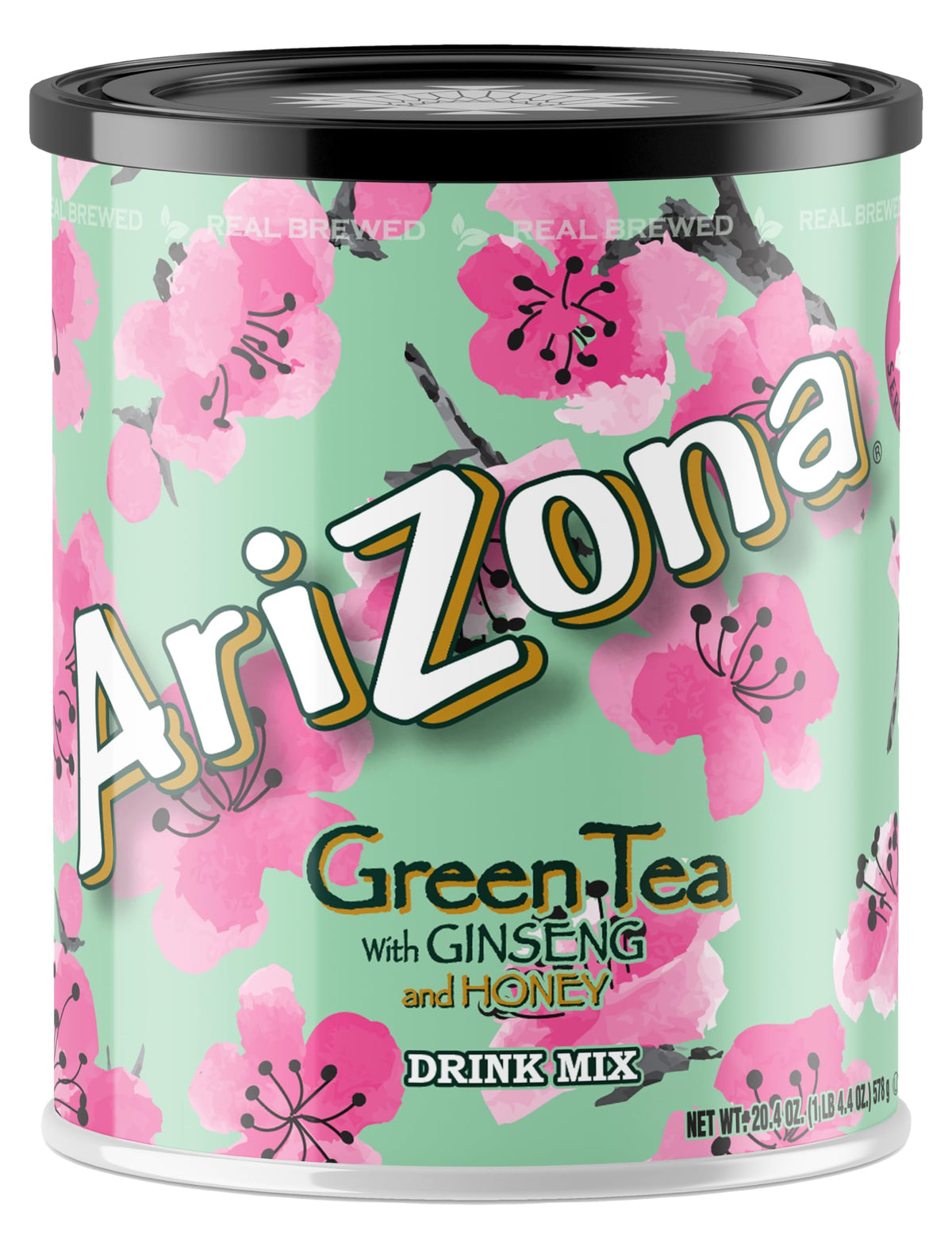 AriZona Green Tea canister with resealable lid for easy pantry storage.