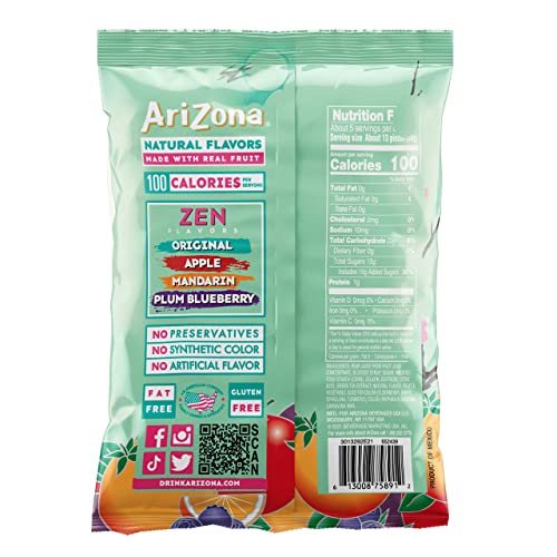 AriZona Green Tea Fruit Snacks Apple flavor bag highlighting 100 calories per serving