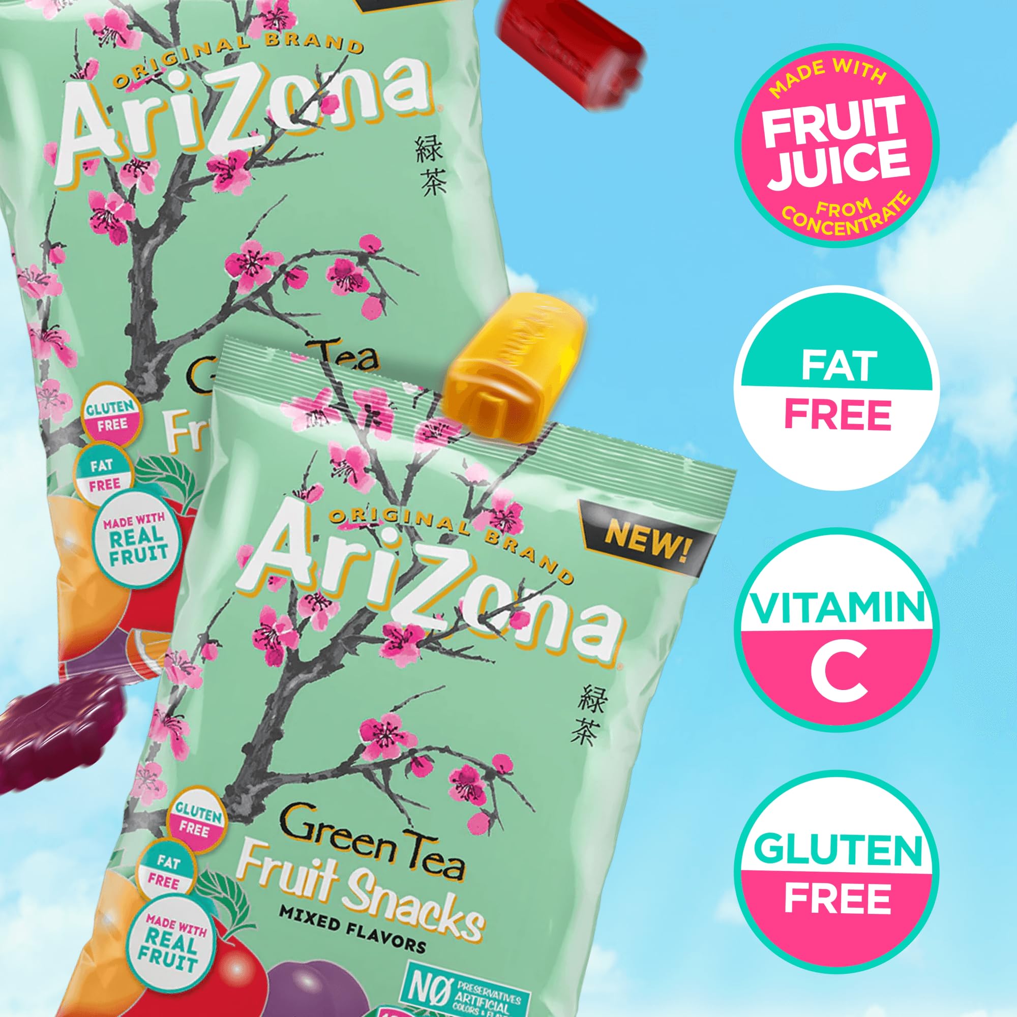AriZona Green Tea Fruit Snacks Plum Blueberry flavor display, bursting with flavor
