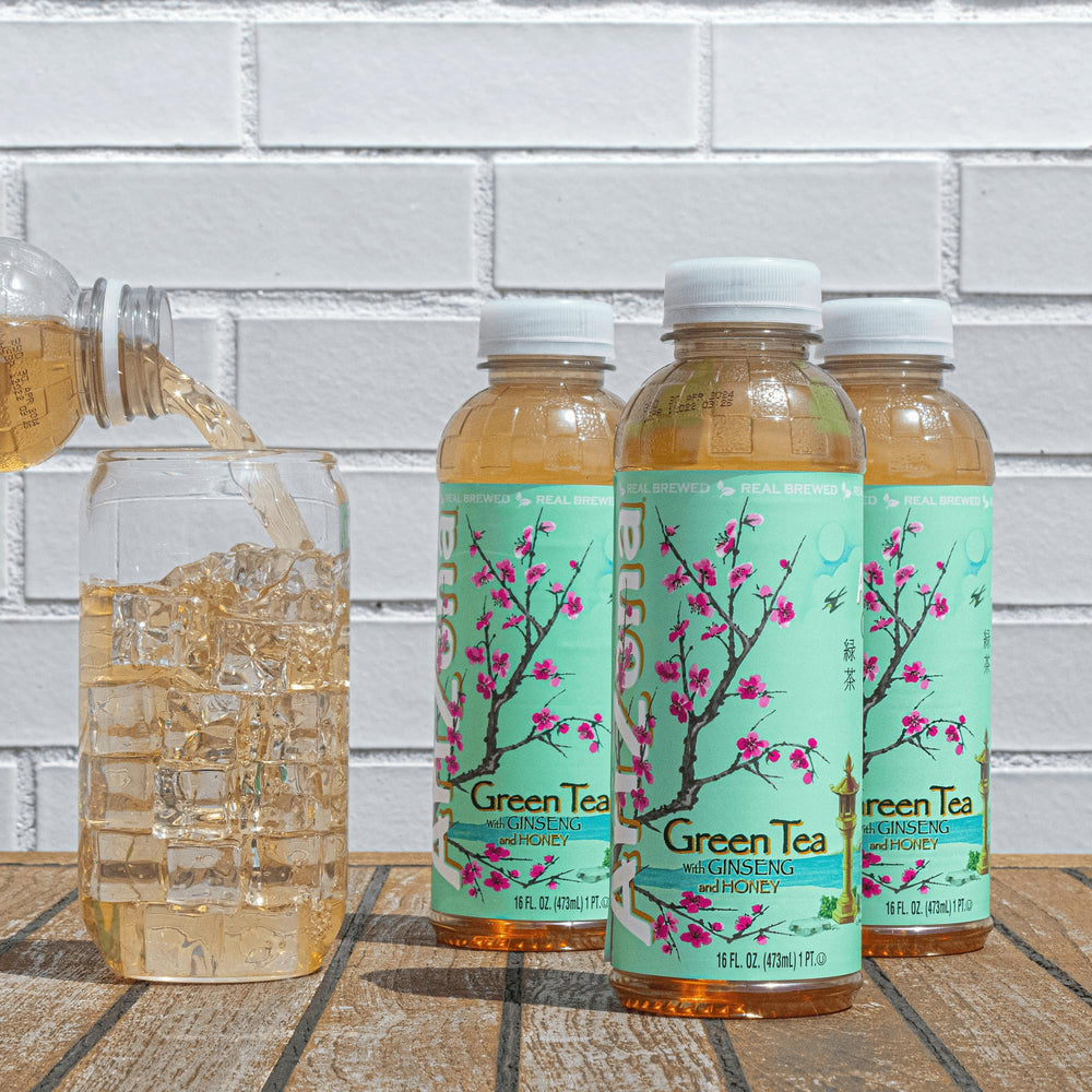 Arizona Green Tea all-natural badge emphasizes honey-sweetened option.