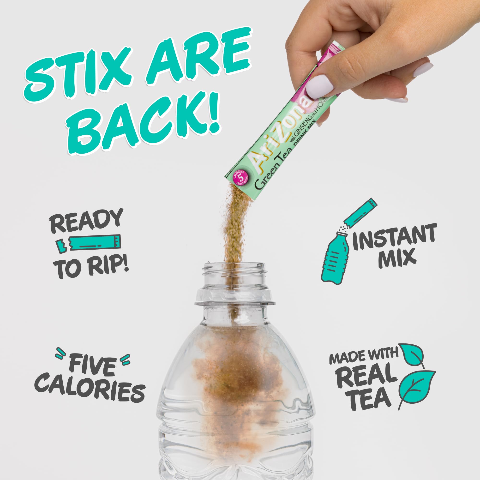 Tear-open moment of AriZona Green Tea Stix for quick preparation.