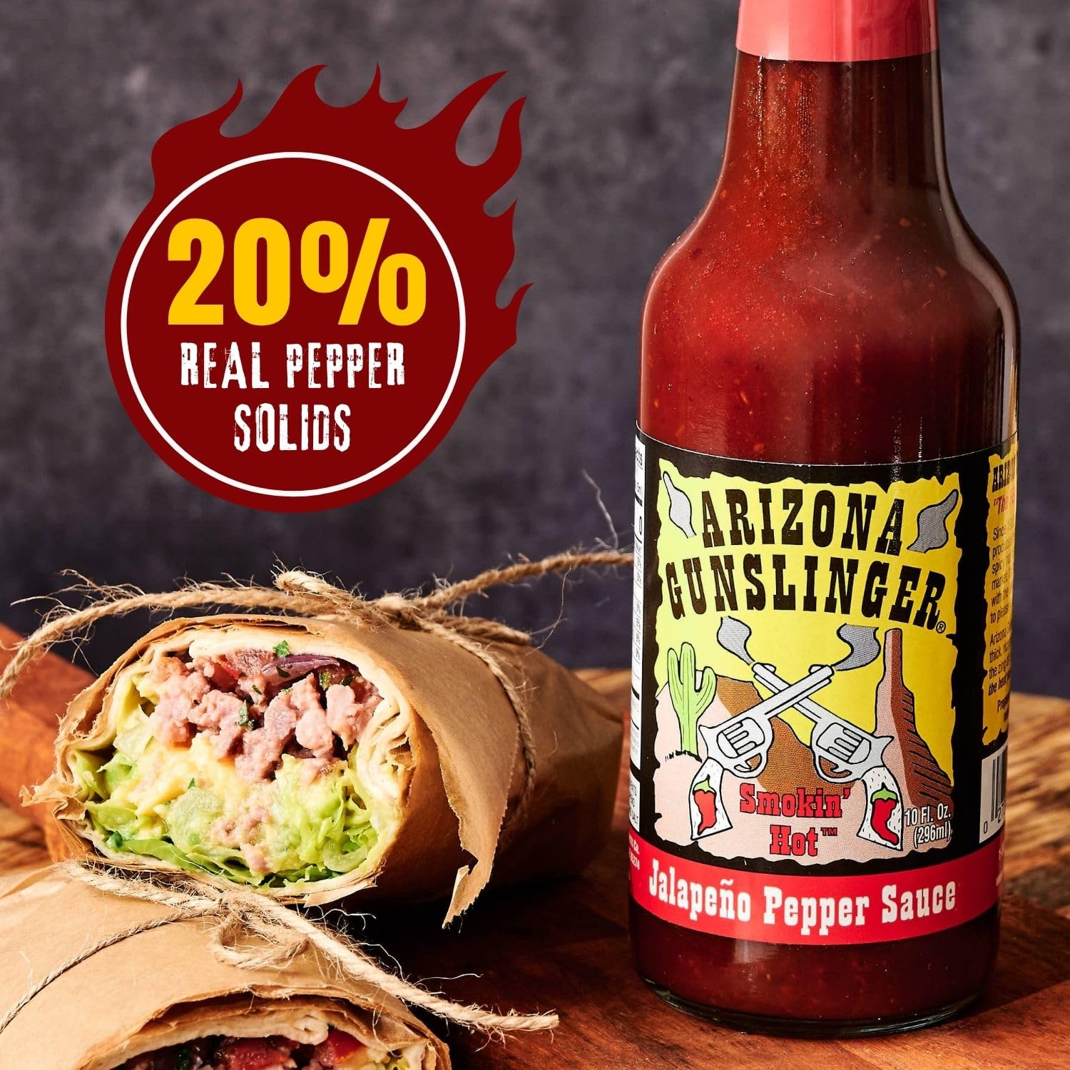 Arizona Gunslinger jalapeño sauce with dips and toppings arranged for meals.