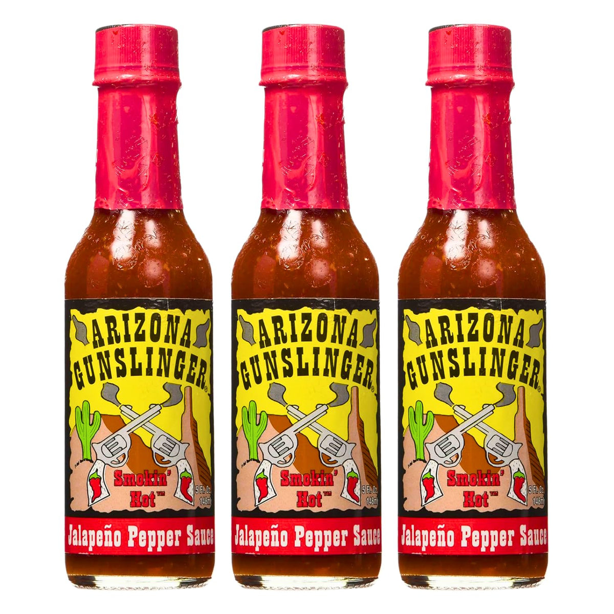 Arizona Gunslinger Red Jalapeño Sauce bottle close-up, bold flavor for tacos.