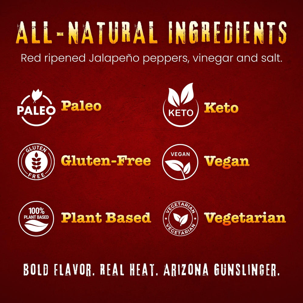 Arizona Gunslinger red jalapeño peppers on display suggesting all-natural ingredients for cooking.
