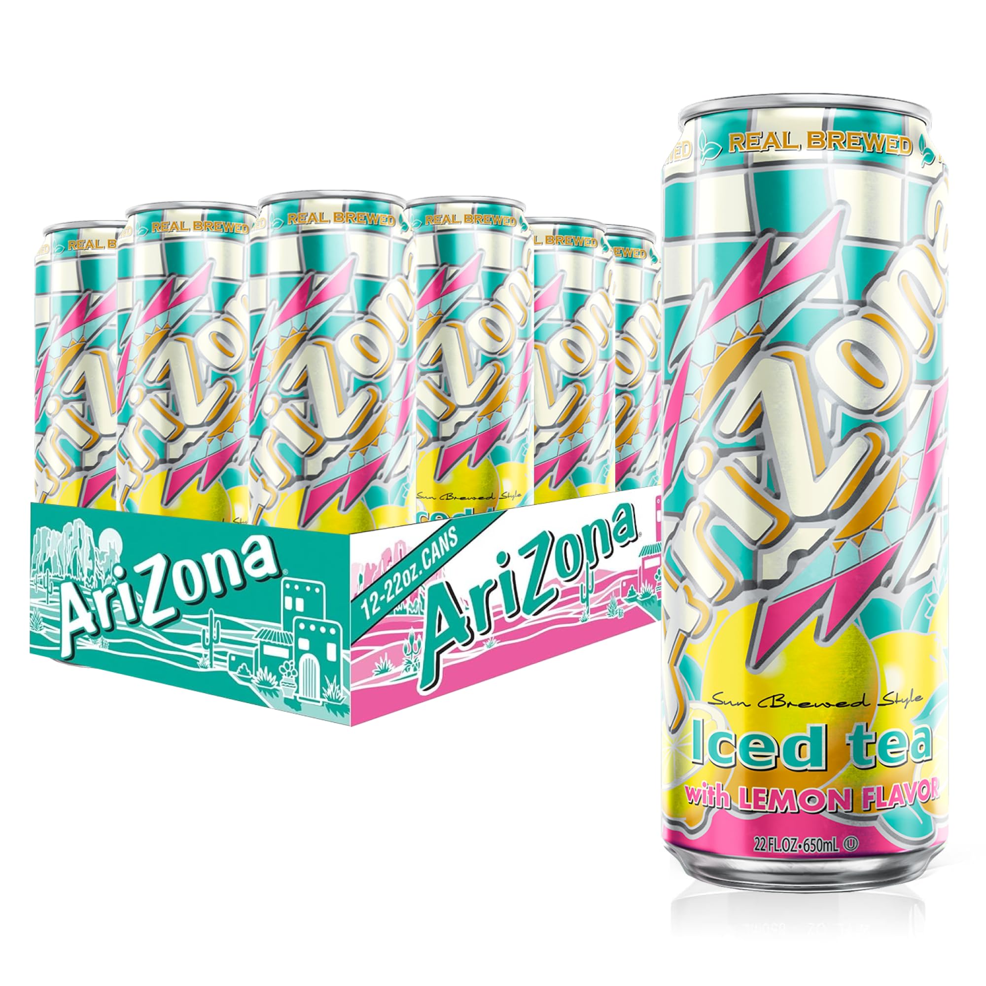 AriZona Lemon Tea big can bottle pour, a refreshing on-the-go option.