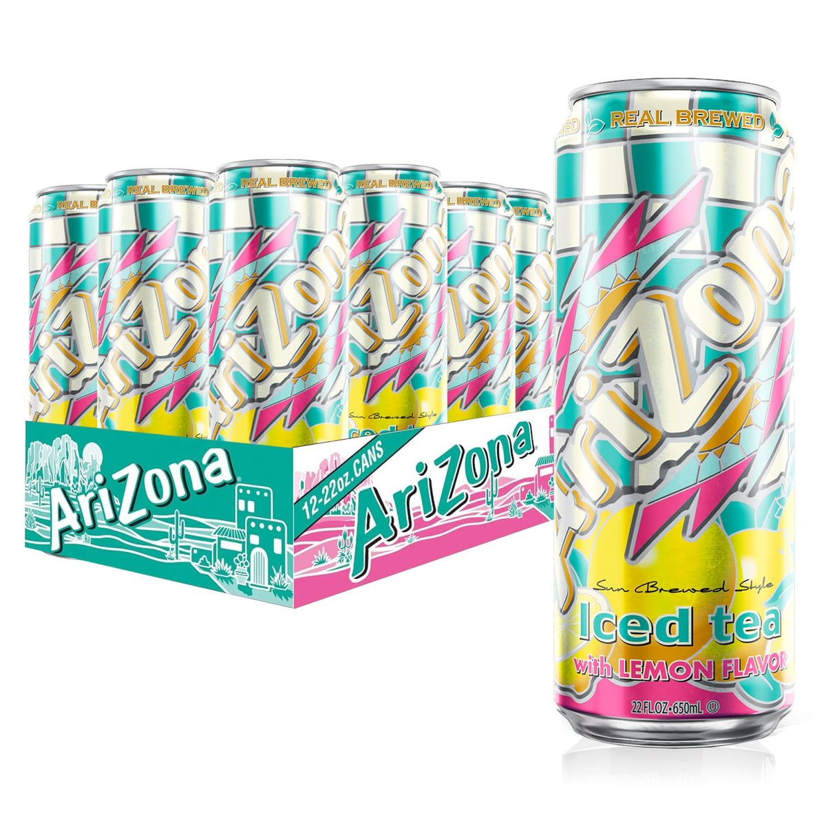 AriZona Lemon Tea big can bottle pour, a refreshing on-the-go option.