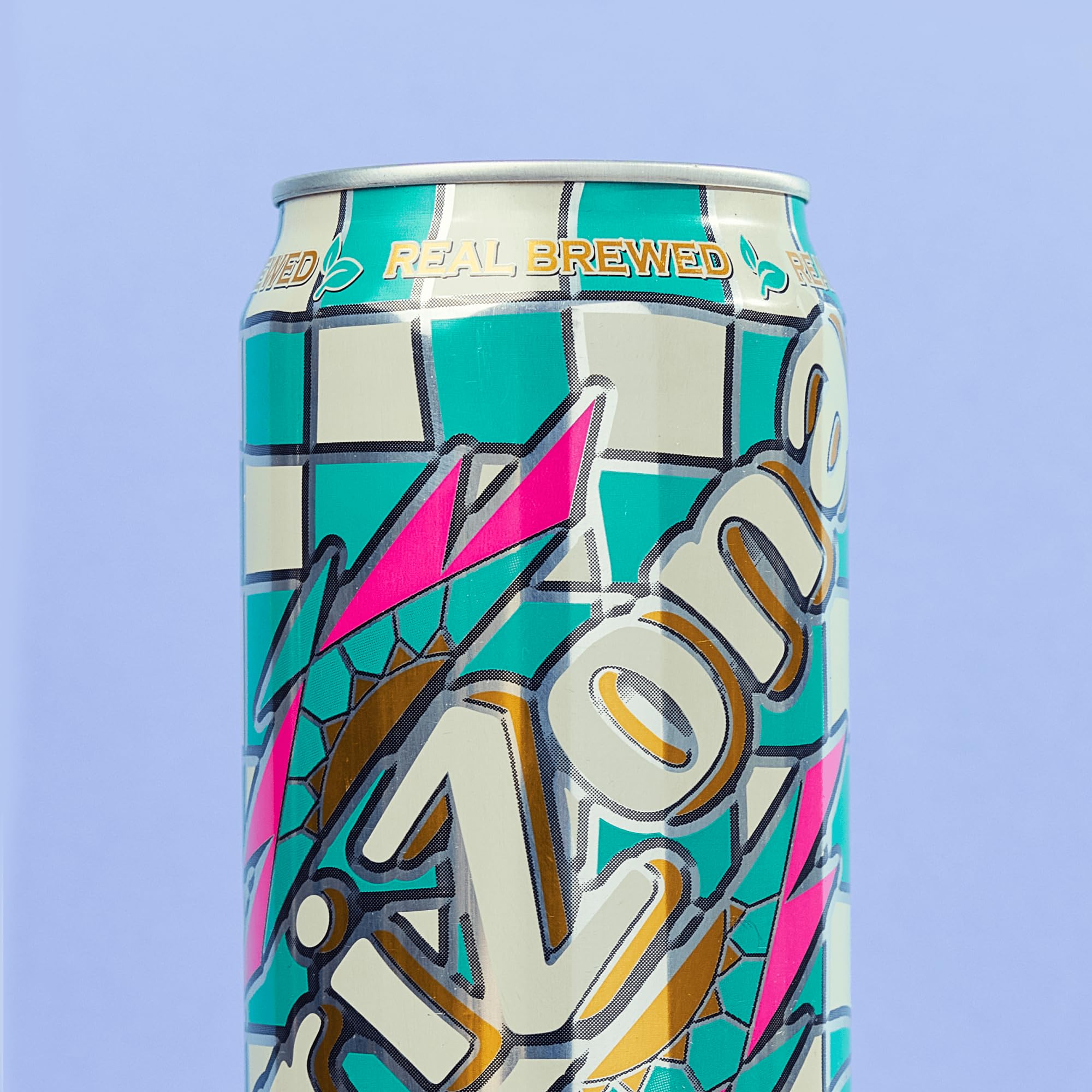 AriZona Lemon Tea big can label closeup, natural ingredients visible.