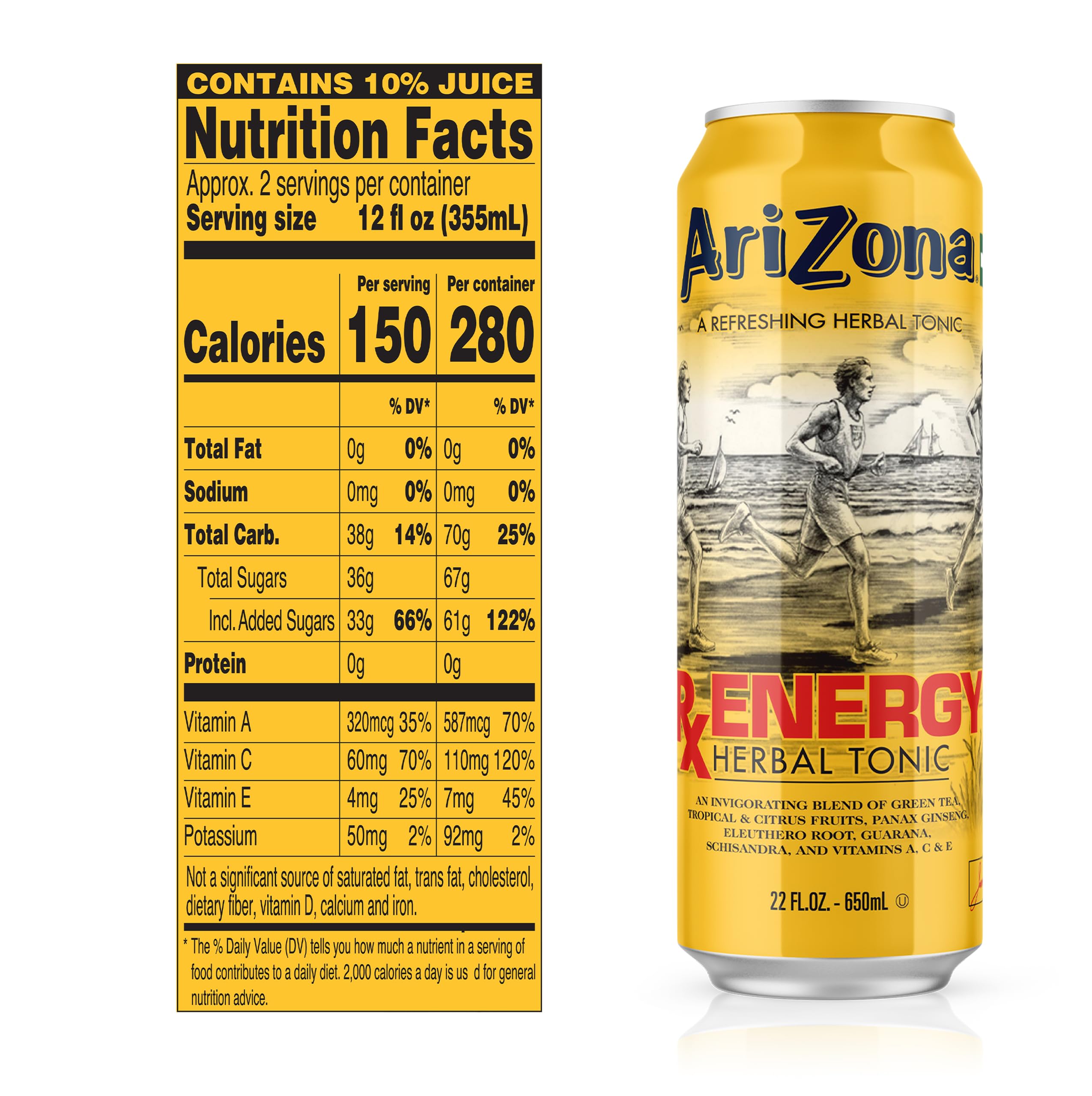 AriZona RX Energy label close-up showcasing natural ingredients and vitamin blend for daily vitality.