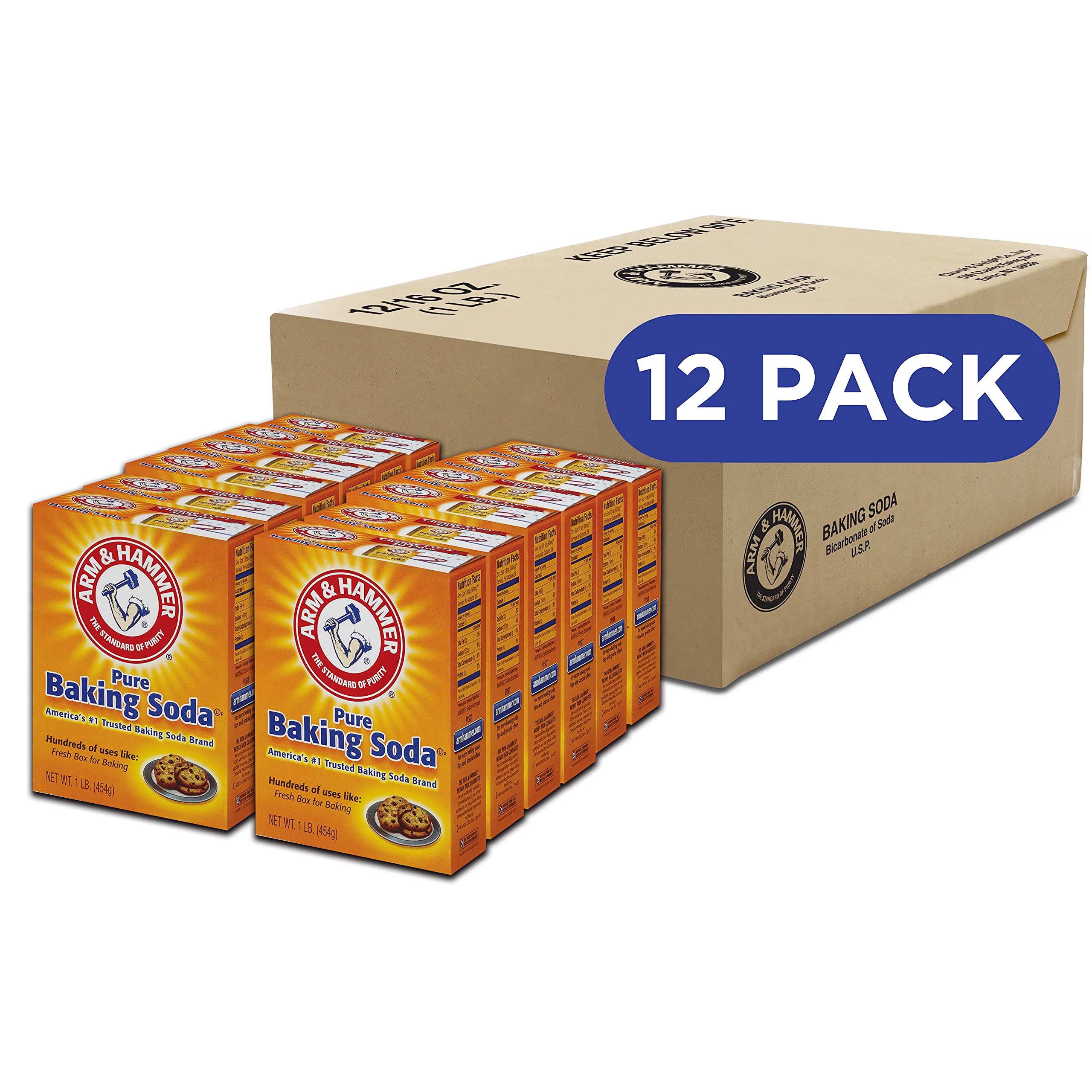 Arm & Hammer Baking Soda box on pantry shelf for baking and odor control.