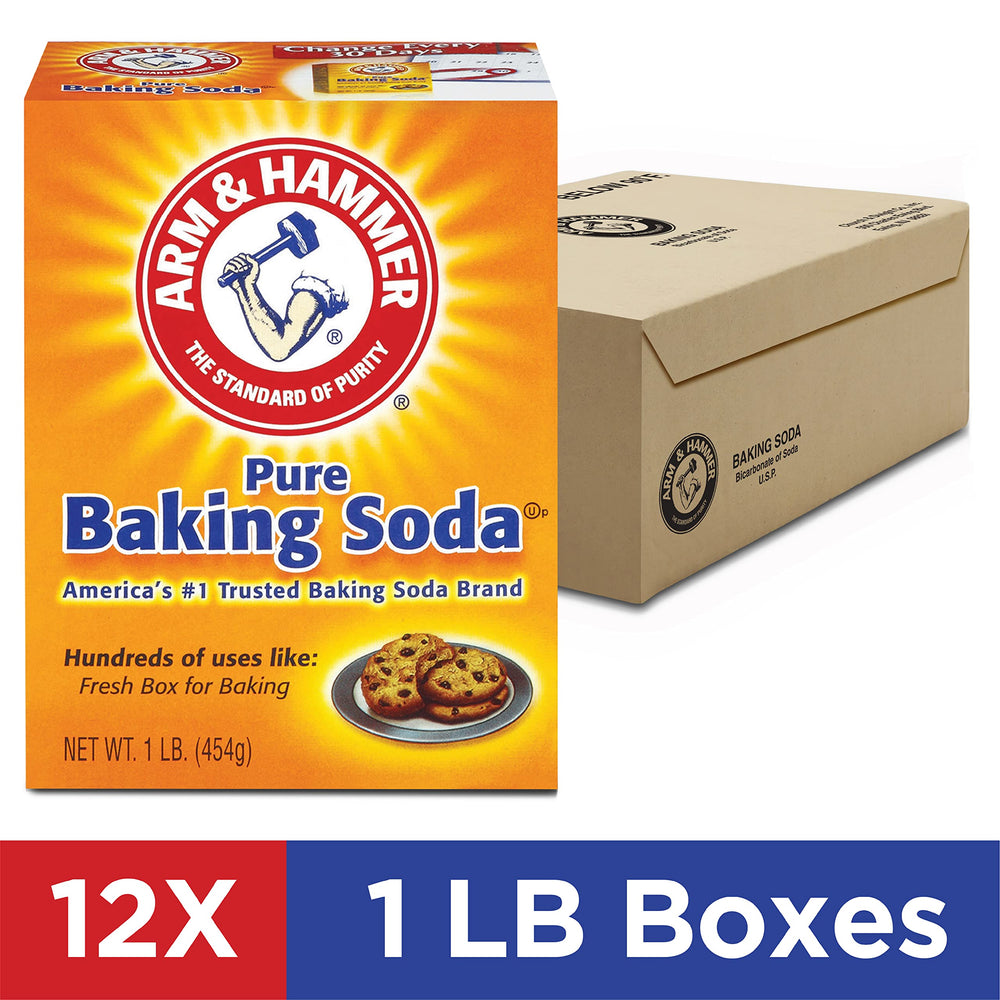 Arm & Hammer Baking Soda pack of 12 boxes for bulk value and cleaning.
