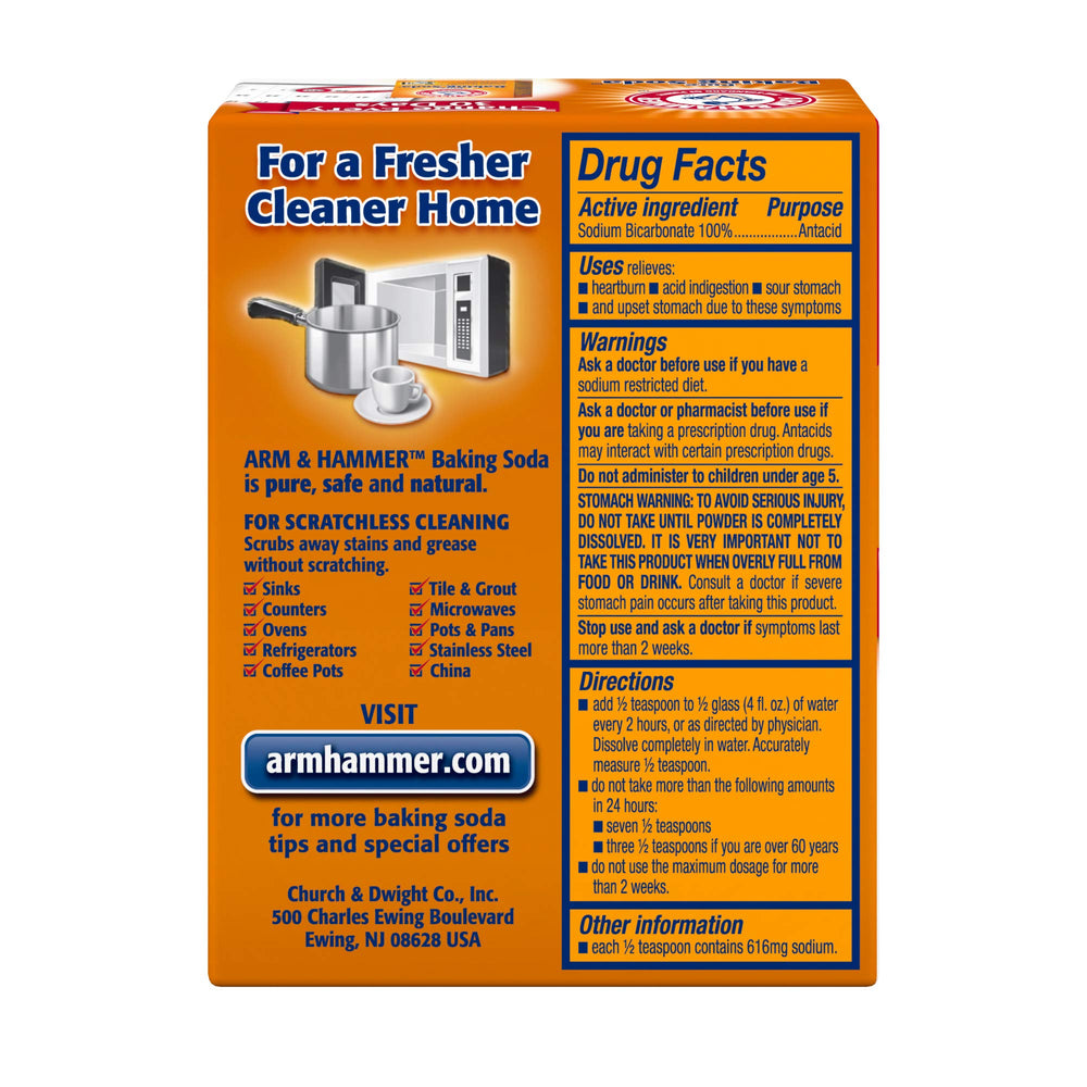 Arm & Hammer Pure Baking Soda 2-pack label highlights value for baking and cleaning