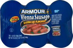 Armour Star Barbecue Vienna Sausage closeup with smoky barbecue sauce detail.