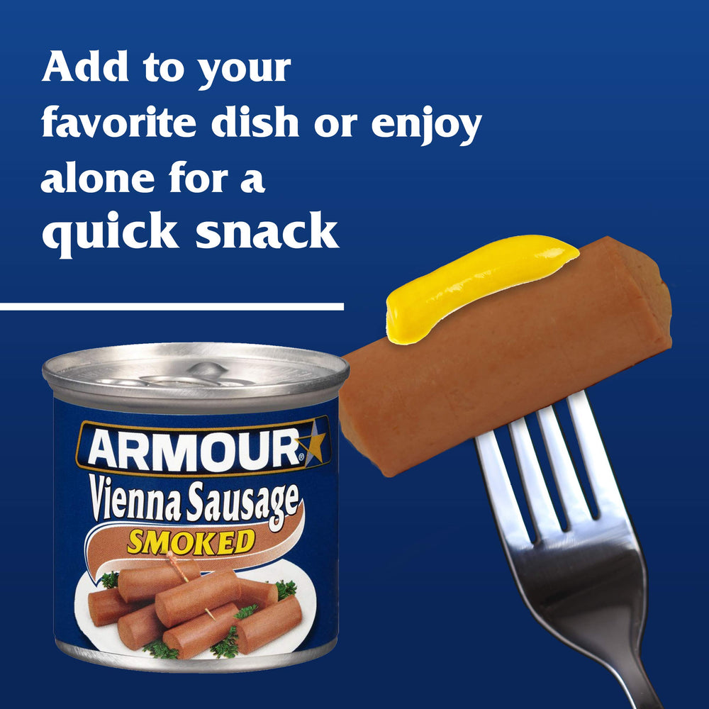 Open can of Armour Star Vienna sausage releasing smoky aroma for an appetizer